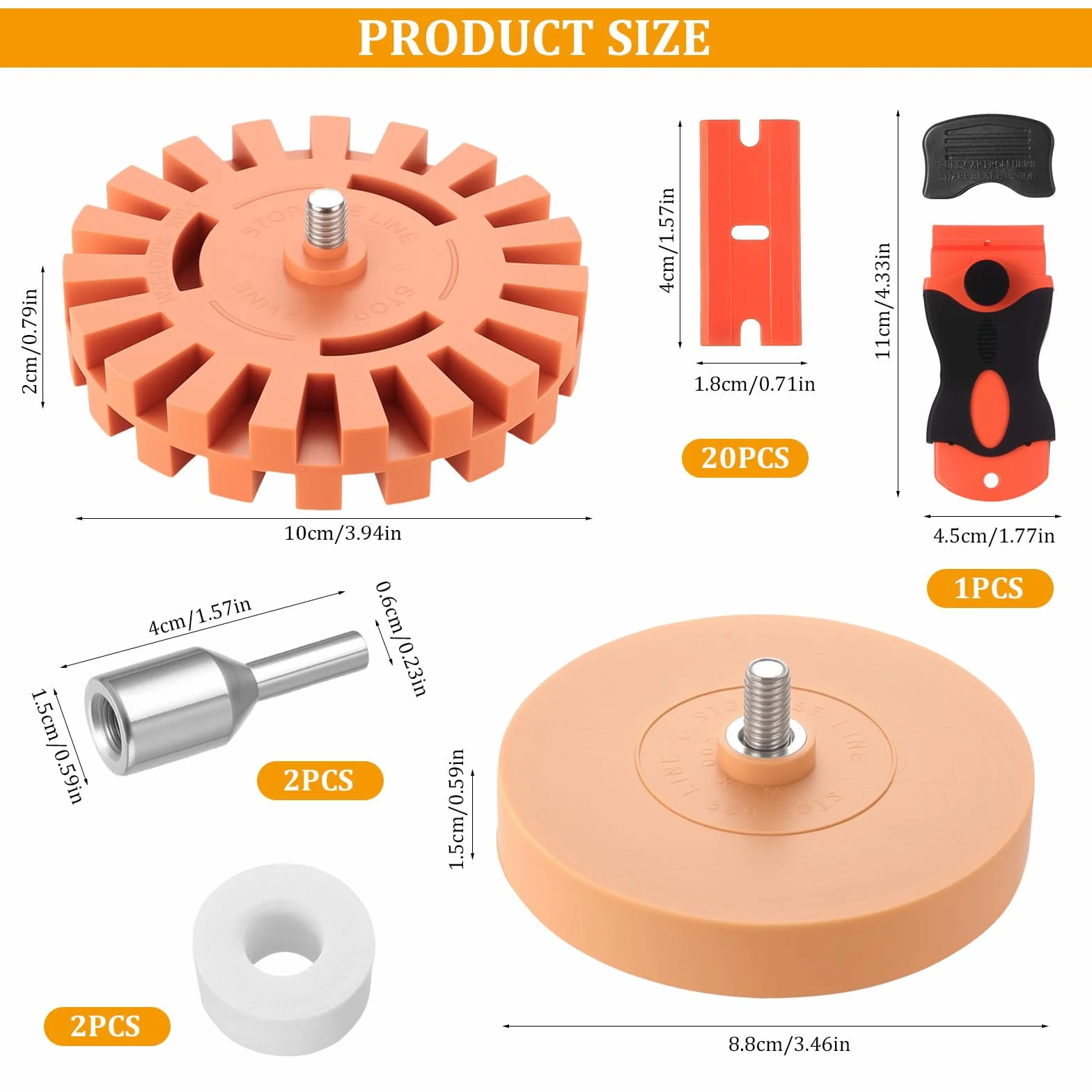 Zestaw gumek do ścierania folii, gumka, do wiertarki, 10 cm (Ø 100 mm) i 8,9 cm (Ø88 mm), narzędzie do usuwania naklejek z adapterem do usuwania folii i naklejek, do użycia ze śrubokrętem