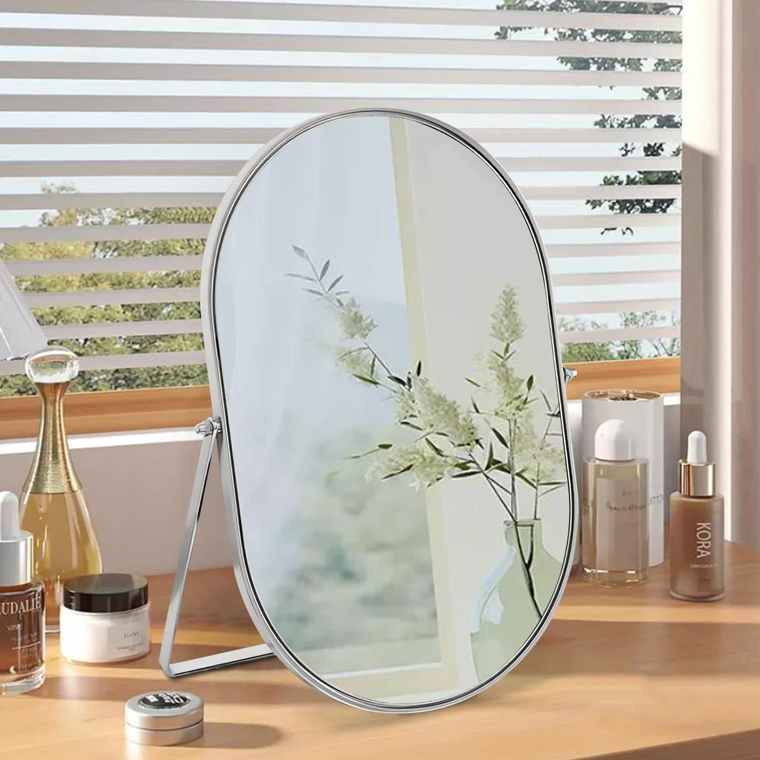 Lustro stołowe, 90 ° obracane owalne lustro do makijażu, metalowe ramki lusterka stołowe, srebrne przenośne lusterka o wysokiej rozdzielczości na blat toaletka salon