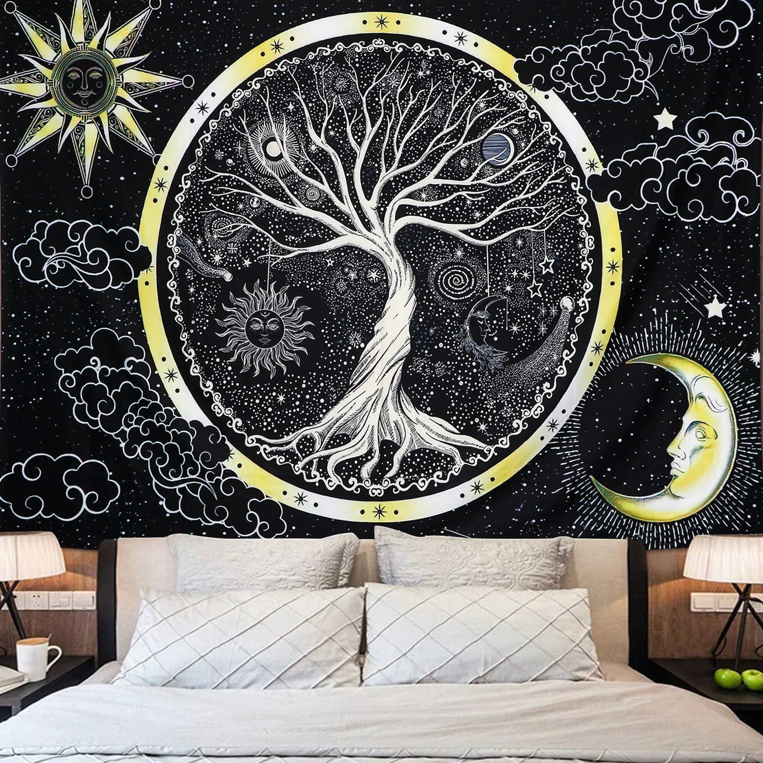 Wiszący Gobelin Psychodeliczny Księżyc i Słońce Drzewo Życia Czarno-Biały Mandala 148x200cm