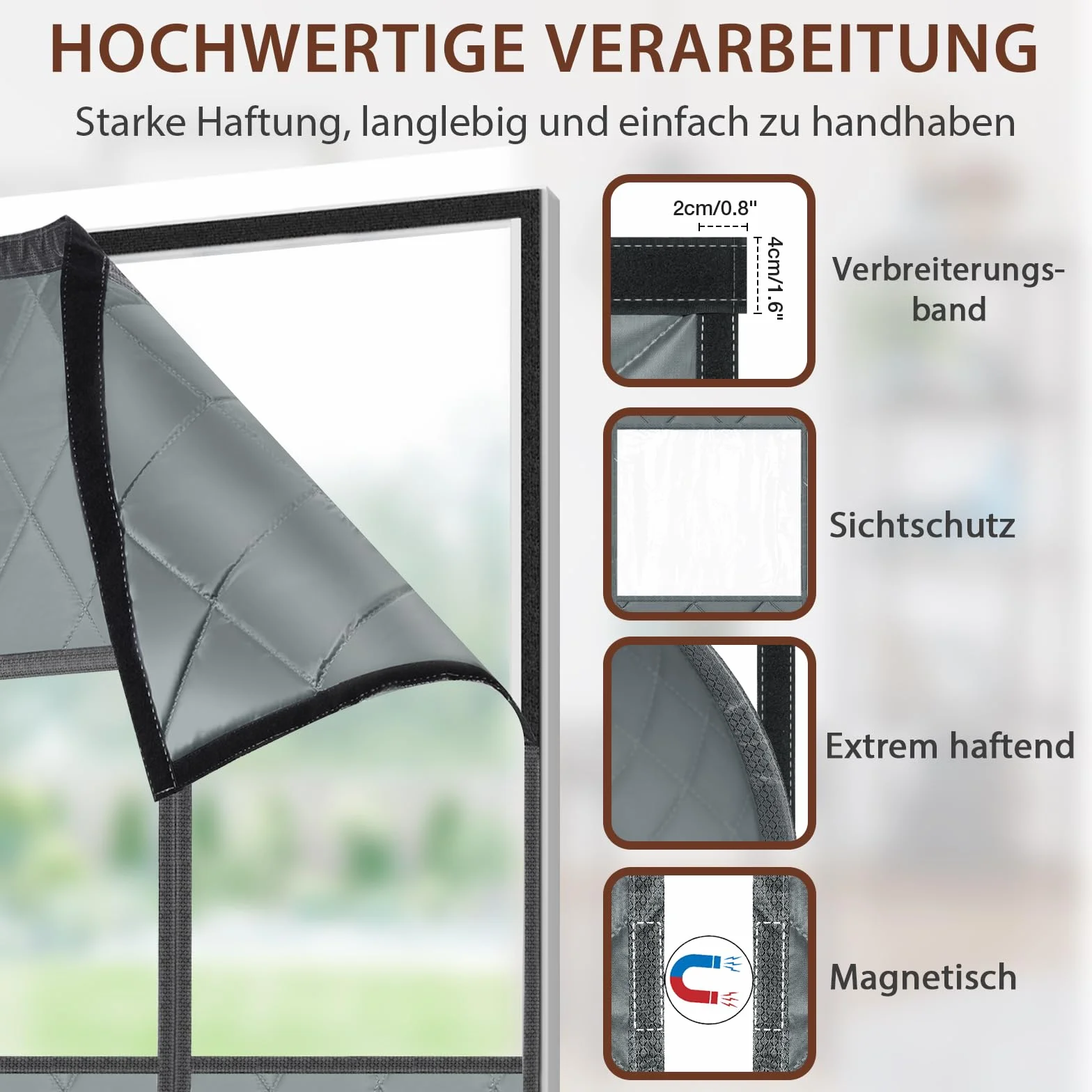 Magnetyczna zasłona na drzwi, ochrona przed zimnem, 90 x 210 cm, 420 g/㎡, zasłona termiczna na drzwi, samoprzylepna, z przezroczystym oknem, wodoszczelna, przed zimnem i wysoką temperaturą, do użytku