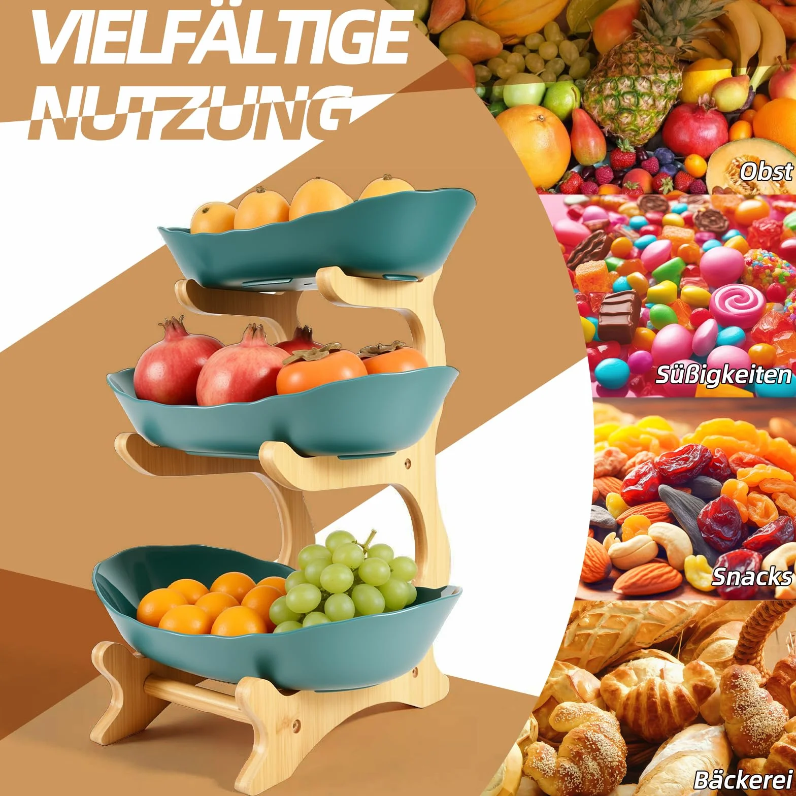 Trzypoziomowy stojak na owoce i ciasta z drewnianą podstawą, wielopoziomowy koszyk na owoce jako dekoracja blatu kuchennego, idealny na warzywa, owoce i przekąski (ciemnozielony)