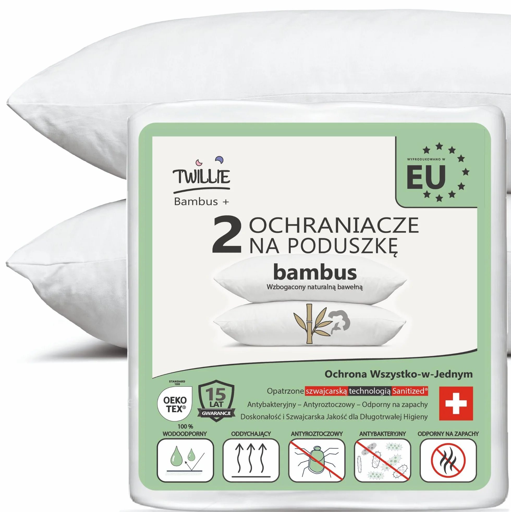 Twillie Ochraniacz na Poduszkę 70 x 90 (Zestaw 2 szt.) Bambus – Premium – Wodoodporny, Zamek i Anti-Acne – z Naturalną Bawełną, Szwajcarski Sanitized® Antybakteryjny – Wyprodukowany w UE