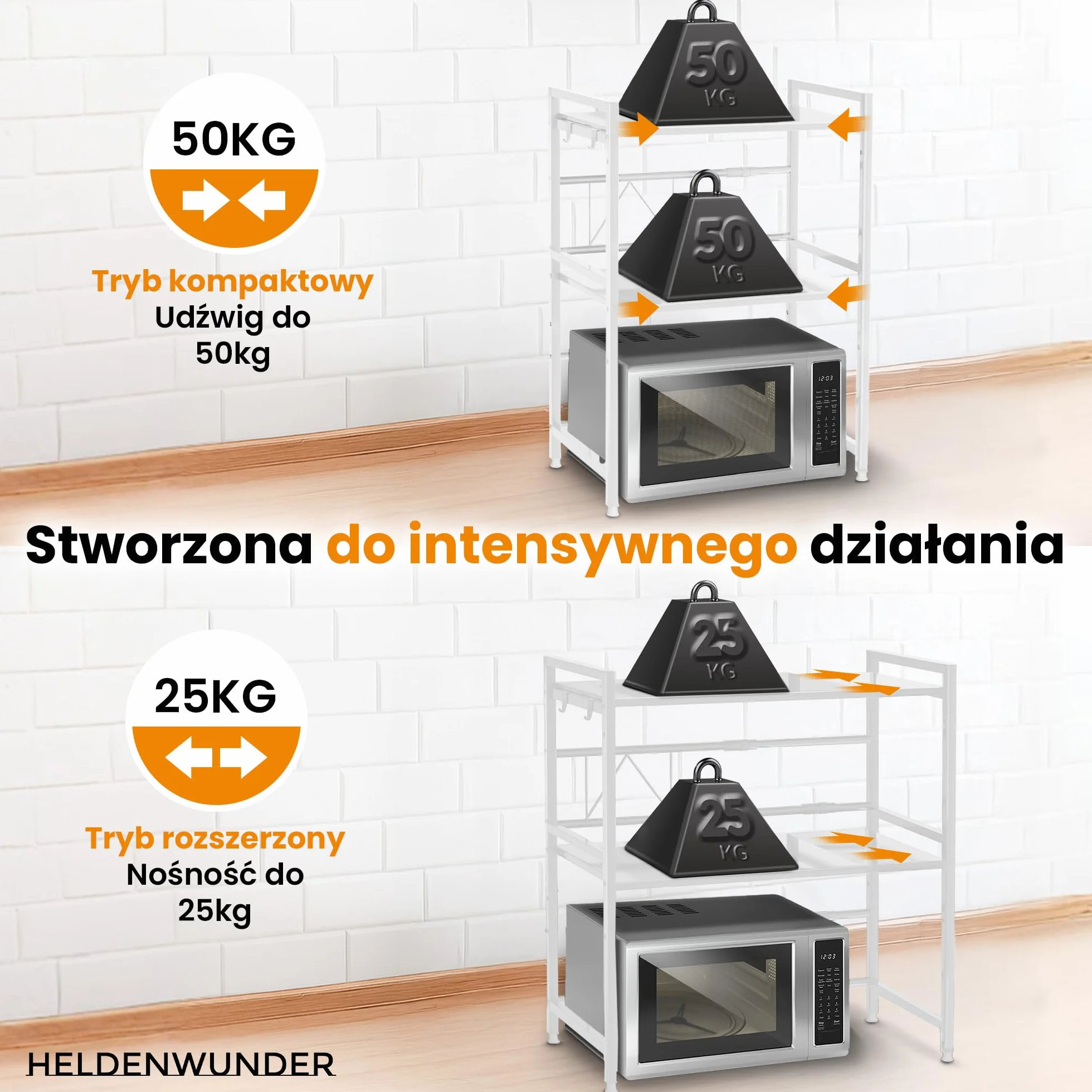 Heldenwunder Regał Mikrofala Regał Kuchenny stojący Stalowy (3-poziomowy) | Regał do Przechowywania Regał Piekarski z regulacją wysokości i długości + instrukcja wideo, haki – Biały