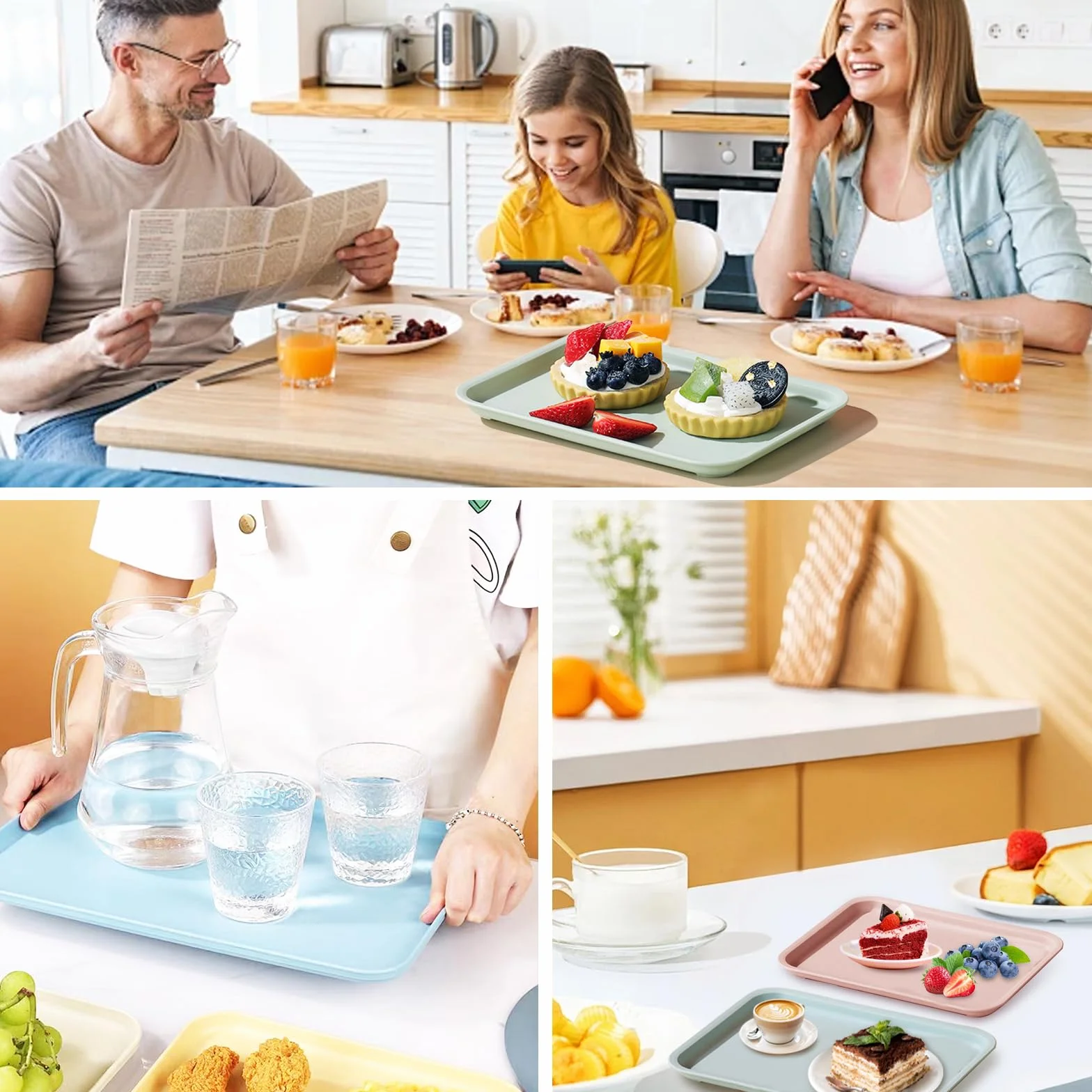 Taca z tworzywa sztucznego, 4 sztuki, prostokątna taca z tworzywa sztucznego, talerze do serwowania, prostokątna taca kuchenna do kuchni, jadalni, kawiarni (24,5 x 17,5 cm)