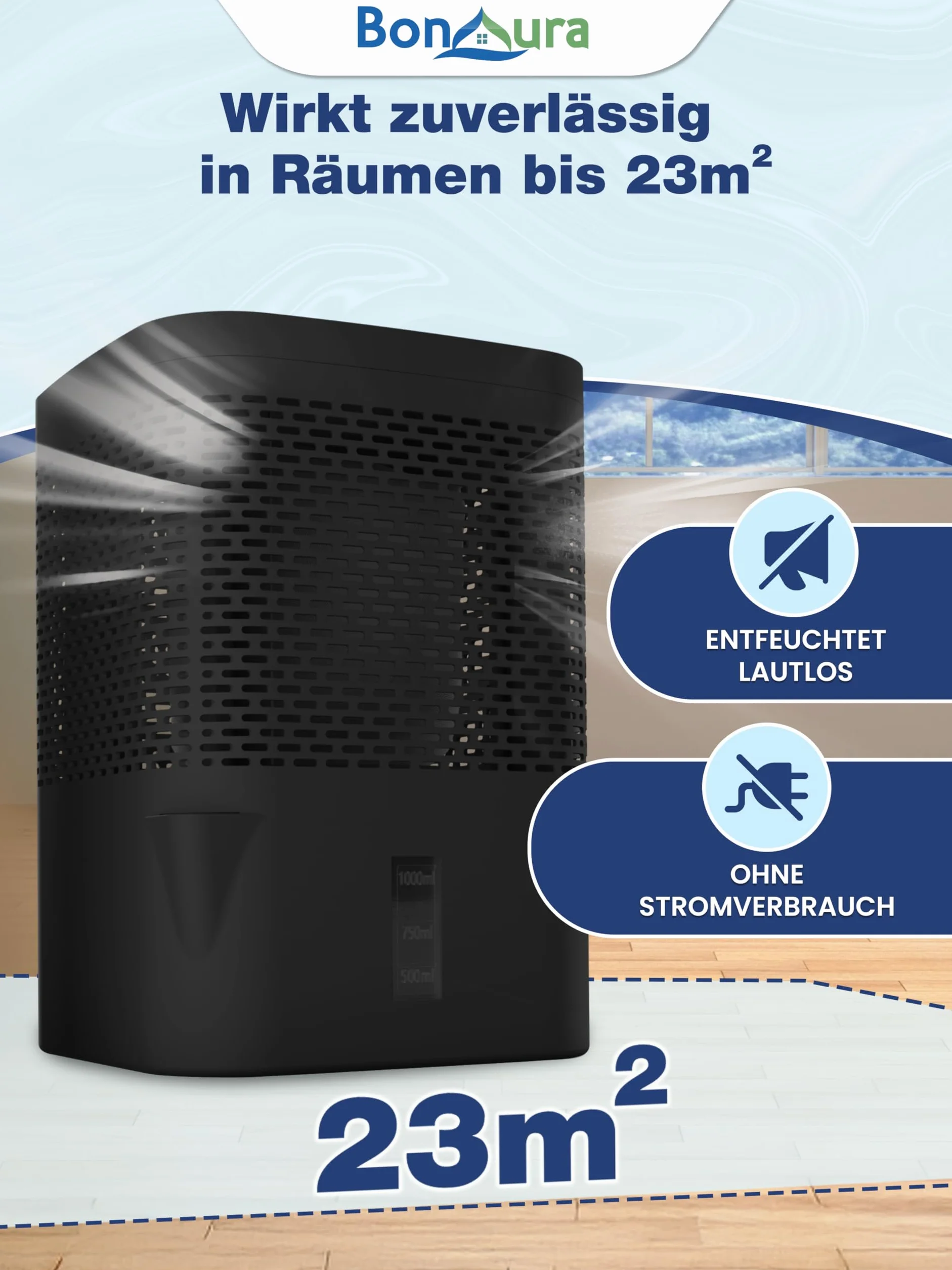 BonAura Osuszacz powietrza bez prądu do 23 m² I wentylacja 360° I osuszacz powietrza z lejkiem i 5 x 680 g granulatu osuszacza powietrza I ochrona przed pleśnią i zapachami I osuszacz do pomieszczeń