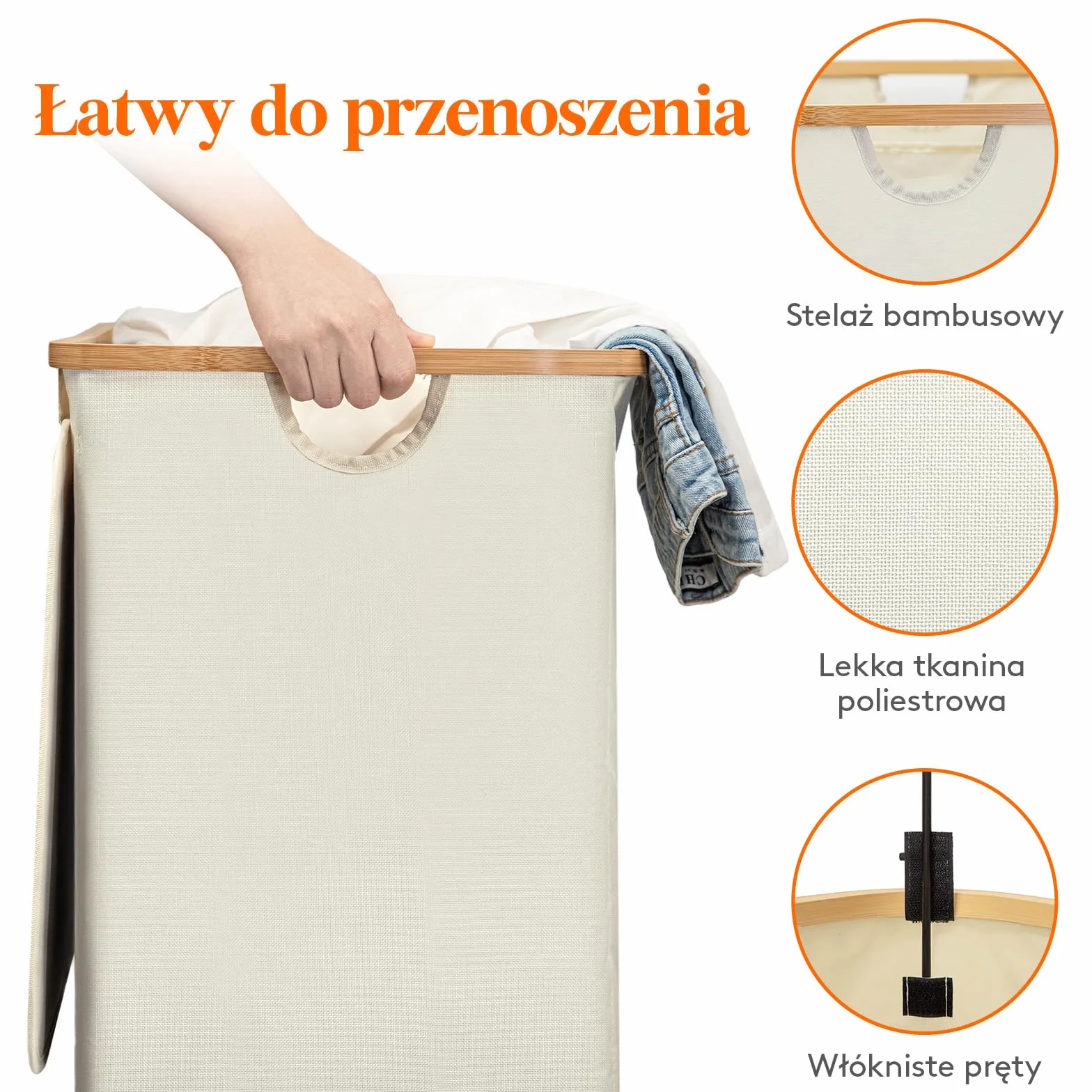 Lifewit 120L Kosz na Pranie z Pokrywą i Bambusowymi Uchwytami - Duży Składany z Wyjmowaną Torbą do Sypialni, Łazienki, Akademika, Pralni - Beżowy
