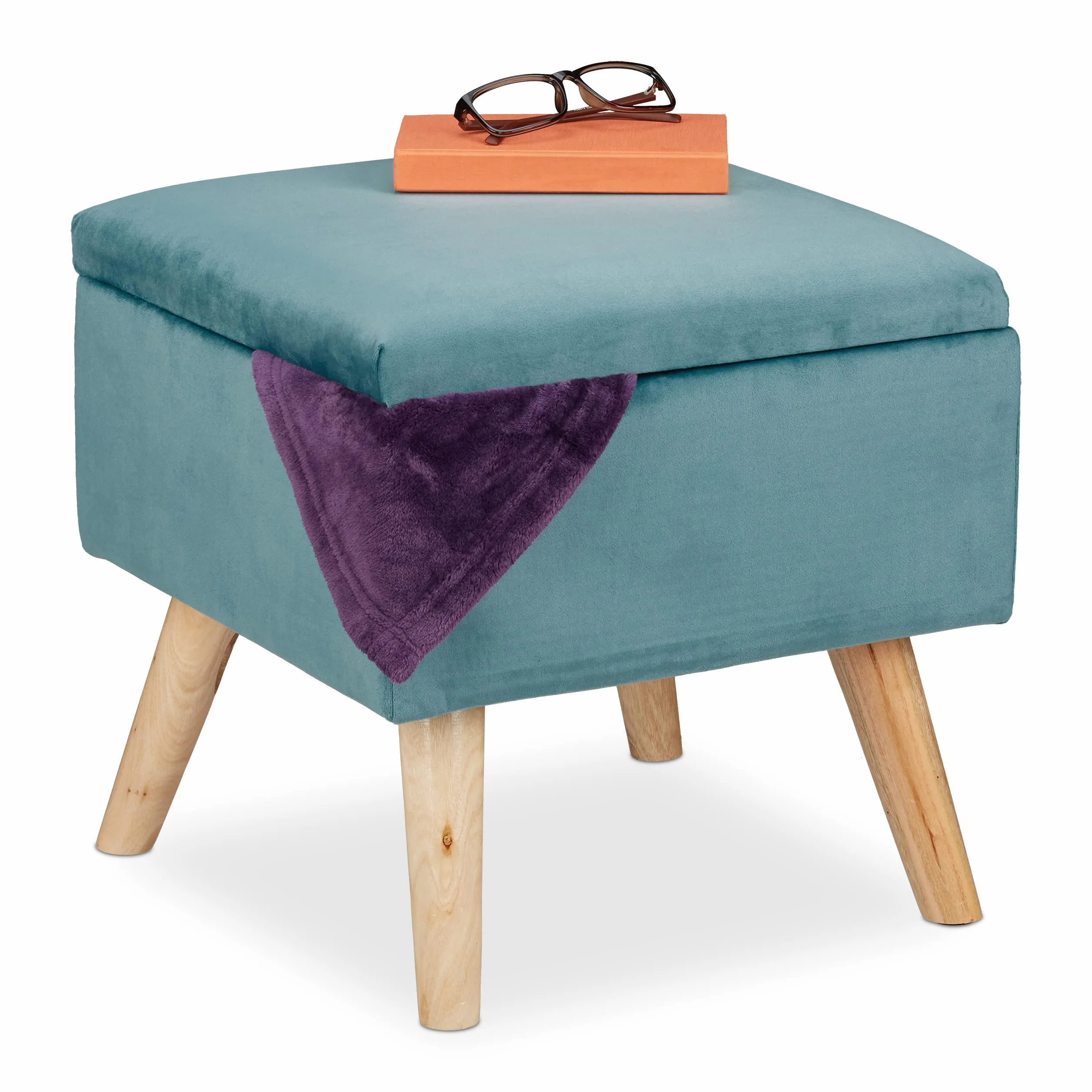 Relaxdays Aksamitny taboret z miejscem do przechowywania, wyściełany, prostokątny, z drewnianymi nogami, taboret do salonu, wys. x gł.: 40 x 40 x 40 cm, turkusowy