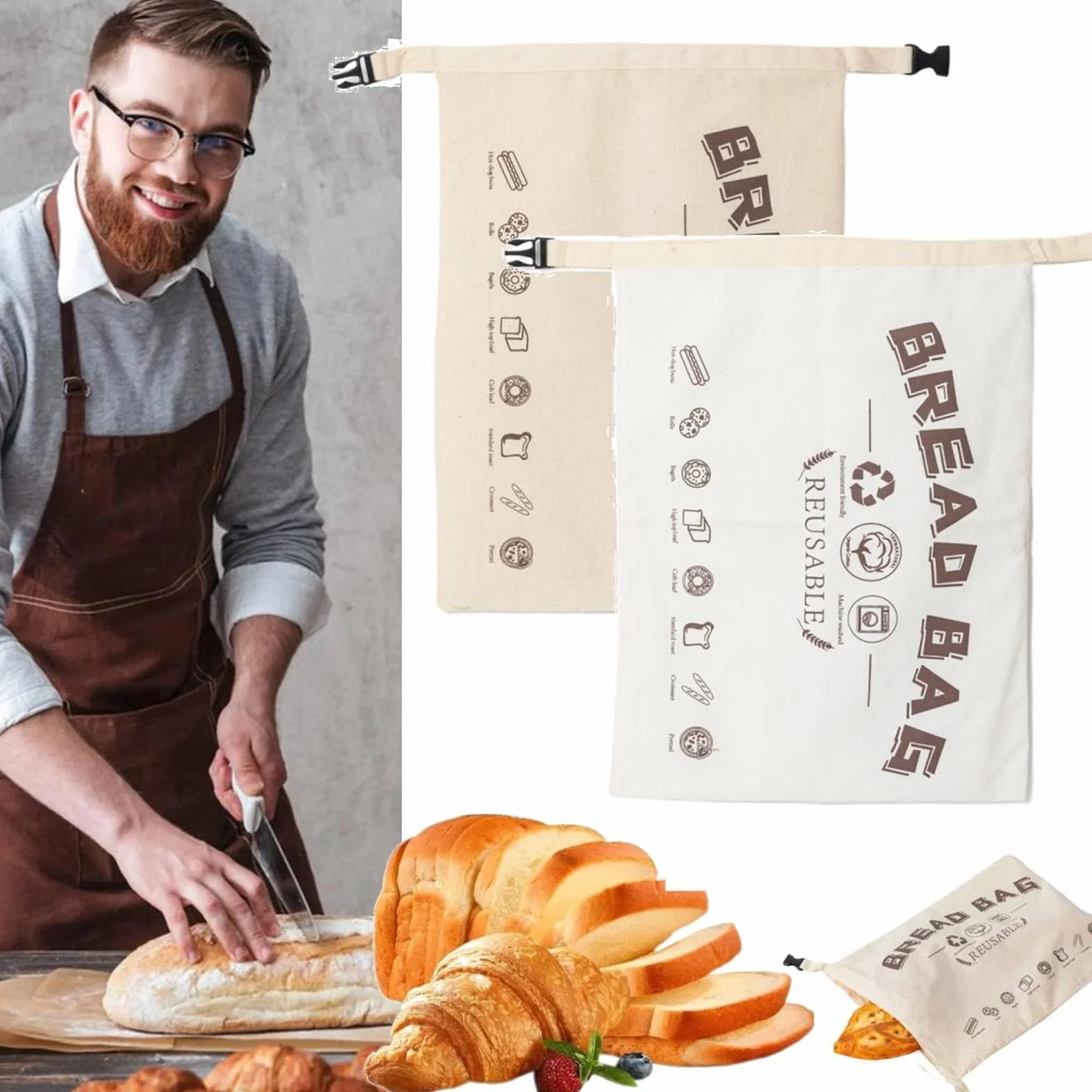 Wielokrotnego użytku worki na pieczywo z powłoką wosku pszczelego i zapięciem, worki z bawełny klasy spożywczej do pieczywa dla piekarzy (Biały+Beżowy)