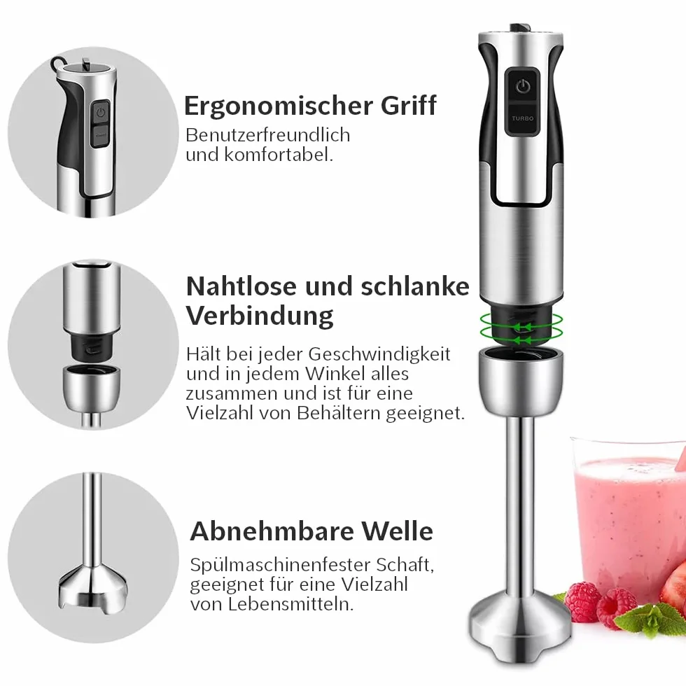 LEHMANN Wielofunkcyjny blender ręczny Chopsui 1200 W z funkcją turbo i regulacją prędkości, srebrny, mocny, Funkcja turbo, najmocniejszy mikser, tarki do tarcia ziemniaków