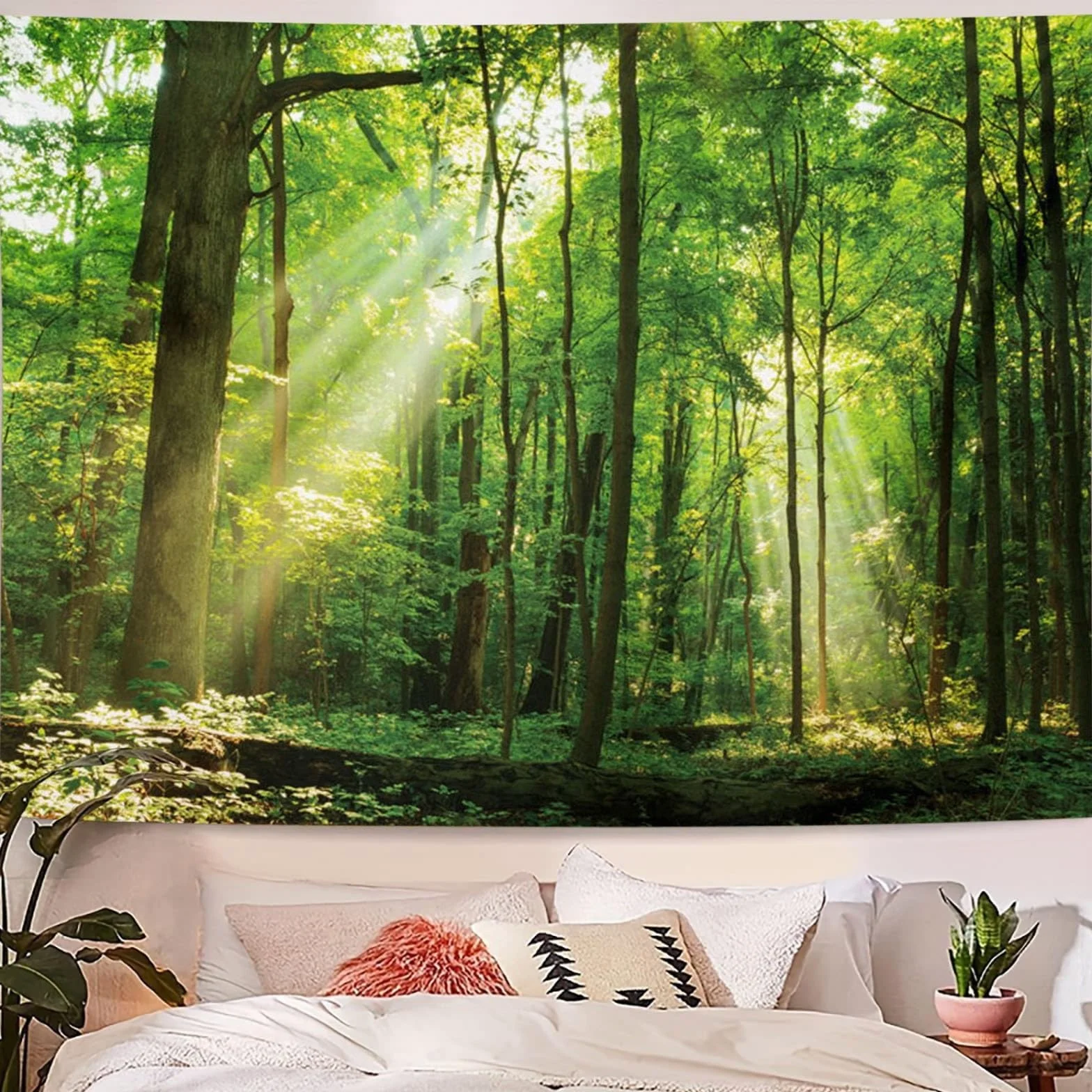 Skcess Dywan ścienny z motywem lasu, 200 x 200 cm, dekoracja ścienna, zielony, dywan ścienny, motyw drzewa, wschodu słońca, gobelin, dżungla, krajobraz, chusta na ścianę