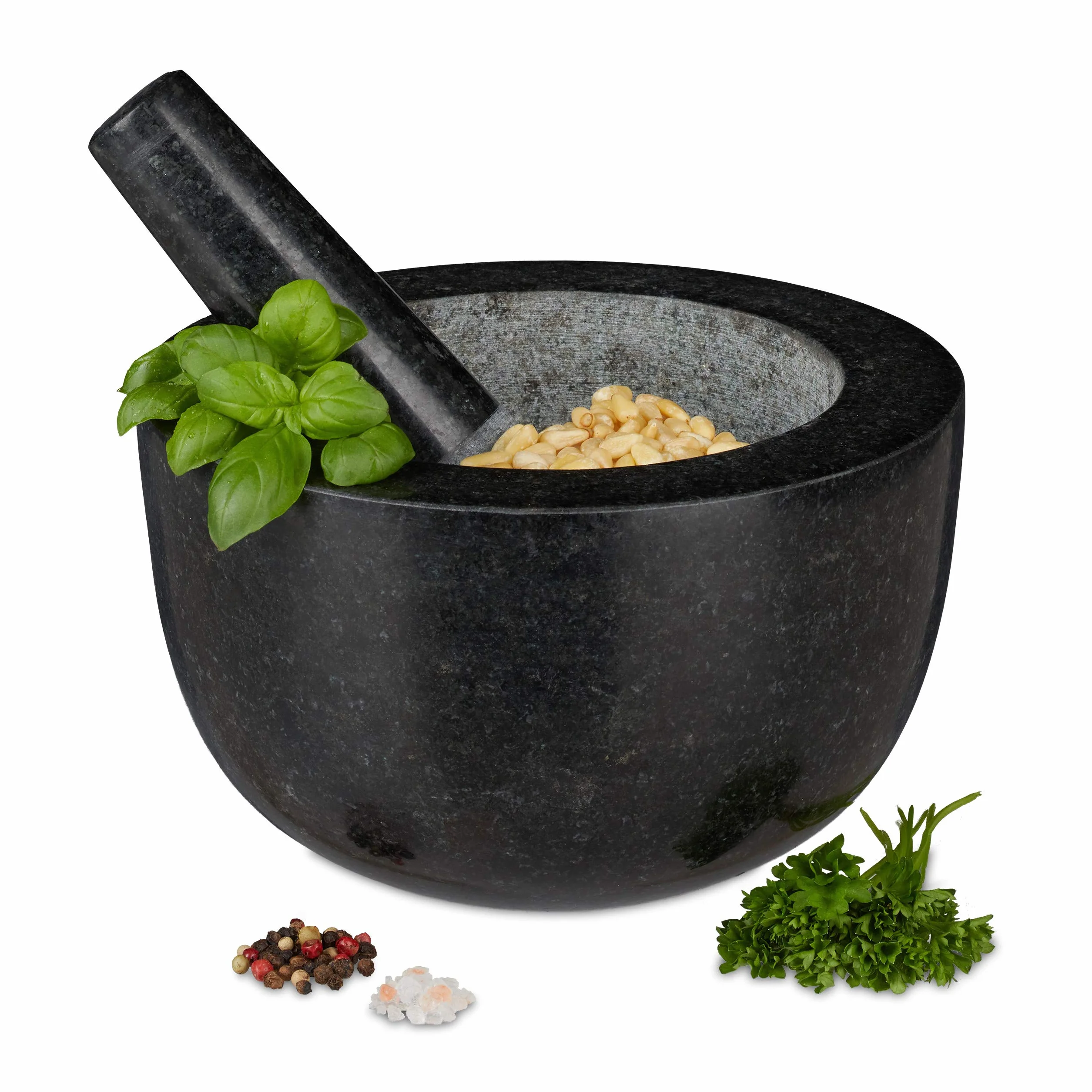 Relaxdays Moździerz z tłuczkiem, granit, polerowany, do przypraw i ziół, pojemność 750 ml, zaprawa kamienna D: 20 cm, ciemnoszary