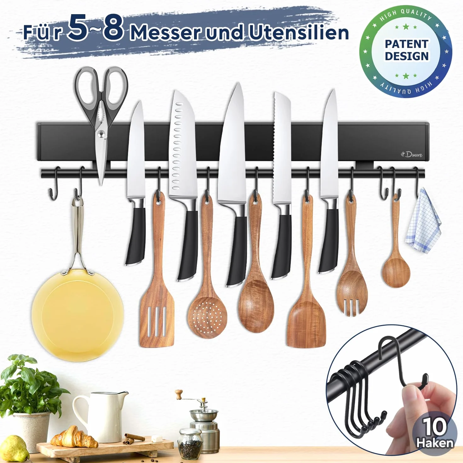 Dmore Listwa magnetyczna na noże z 10 haczykami, 43 cm, uchwyt na noże magnetyczne, czarne, z listwą z haczykami, bardzo samoprzylepny, magnetyczny uchwyt na noże, łącznie z taśmą klejącą i śrubami