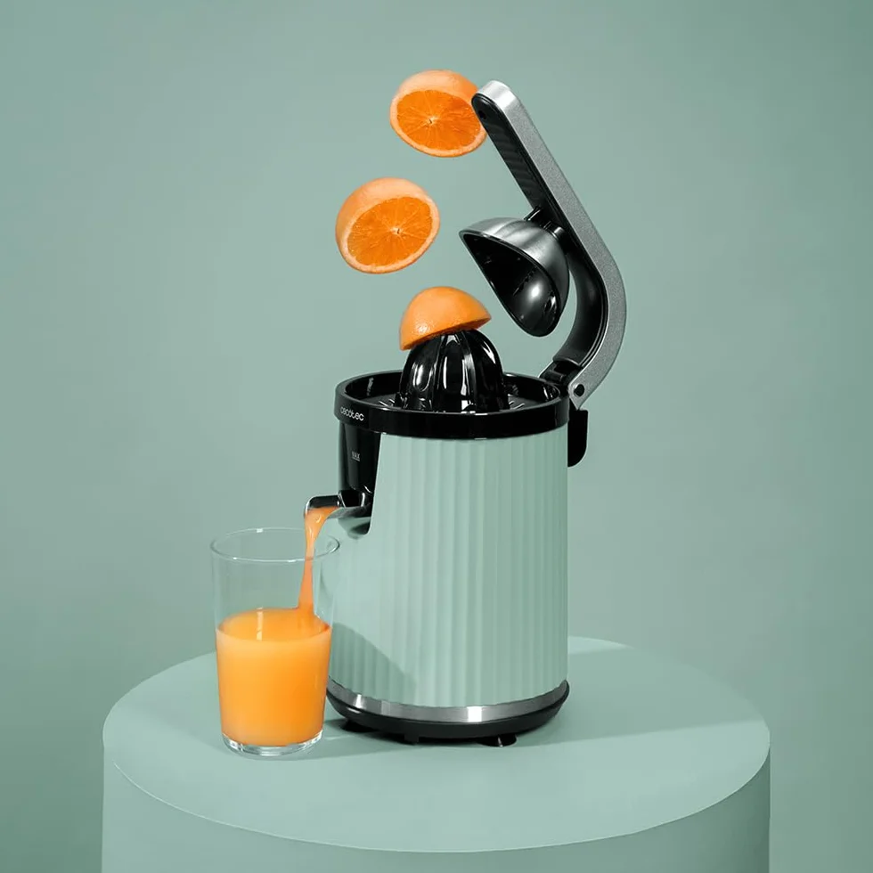 Cecotec Elektryczna sokowirówka na ramię do pomarańczy i cytrusów Xqueeze RetroJuice 600 Green. 600W, Retro Style, Filtr ze stali nierdzewnej, Plastikowy stożek dźwigniowy do ekstrakcji miazgi,