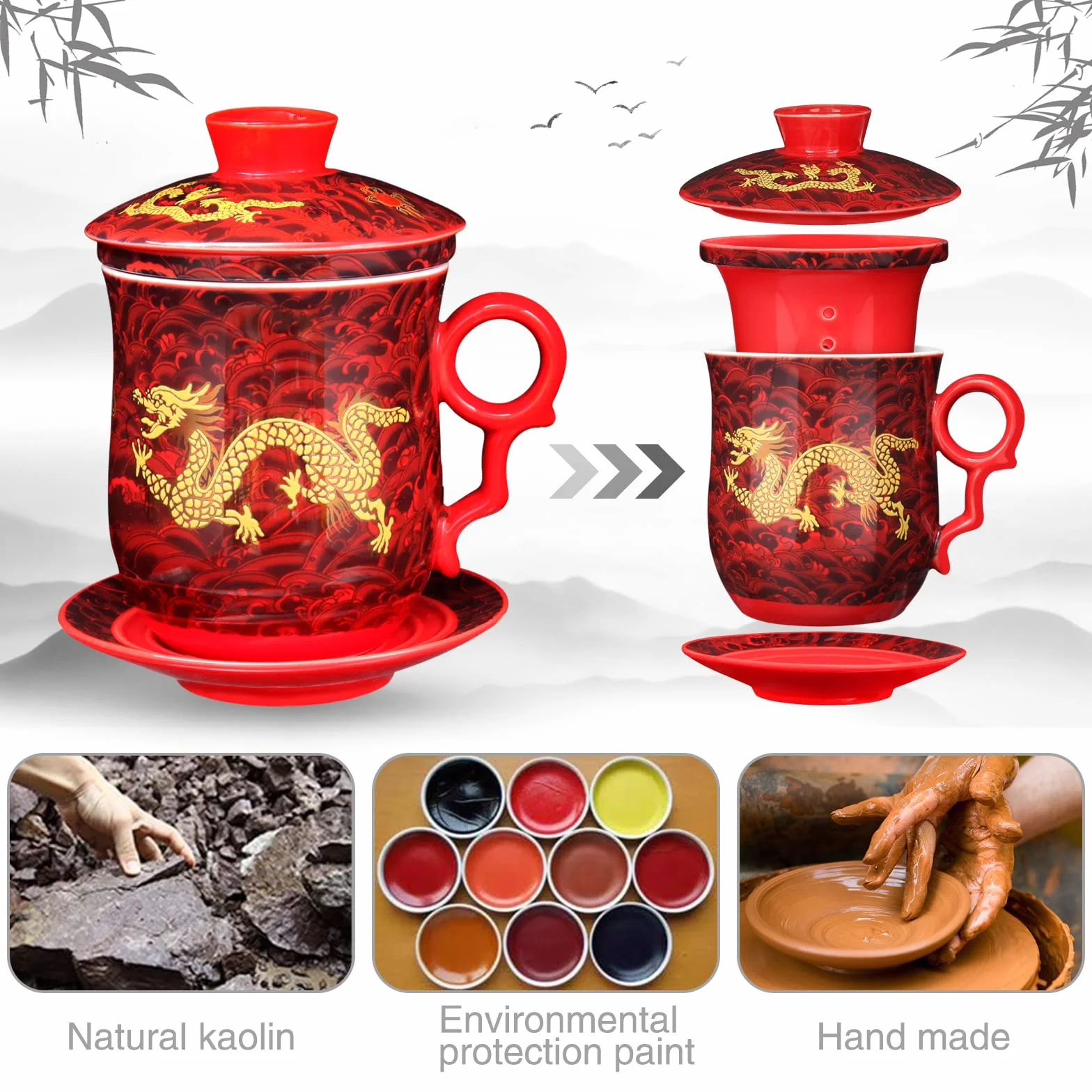 4 szt. zestaw chiński, smok, wzór, kubek do herbaty z sitkiem, pokrywką oraz spodkiem, ceramiczny kubek do herbaty, wygodny system, chiński porcelanowy osobisty kubek do herbaty, 40 ml, 4 kolory (czerwony)
