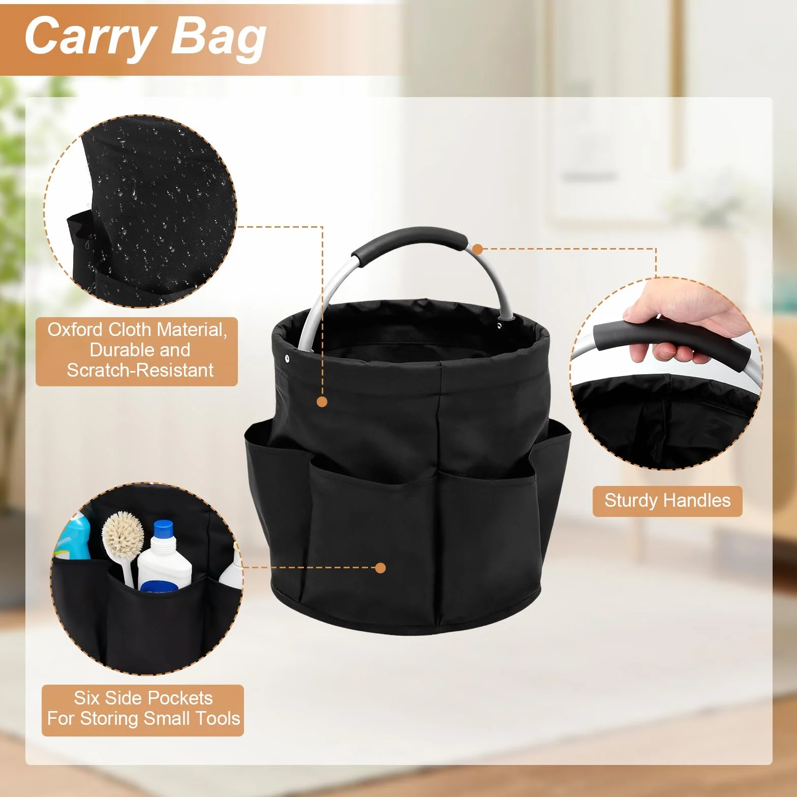 Organizer na środki czyszczące, 17 l, kosz do czyszczenia z uchwytem i 6 przegródkami, 28 x 28 cm, składana torba do czyszczenia, przenośna torba do czyszczenia, do łazienki, salonu, ogrodu
