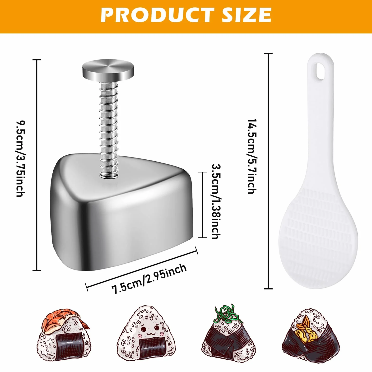 Bordeag Onigiri forma do sushi, 2 sztuki, forma do sushi, forma do sushi, ze stali nierdzewnej, kształt trójkąta, kuleczki ryżowe, narzędzie do samodzielnego wykonania, z łyżeczką do ryżu, do Onigiri