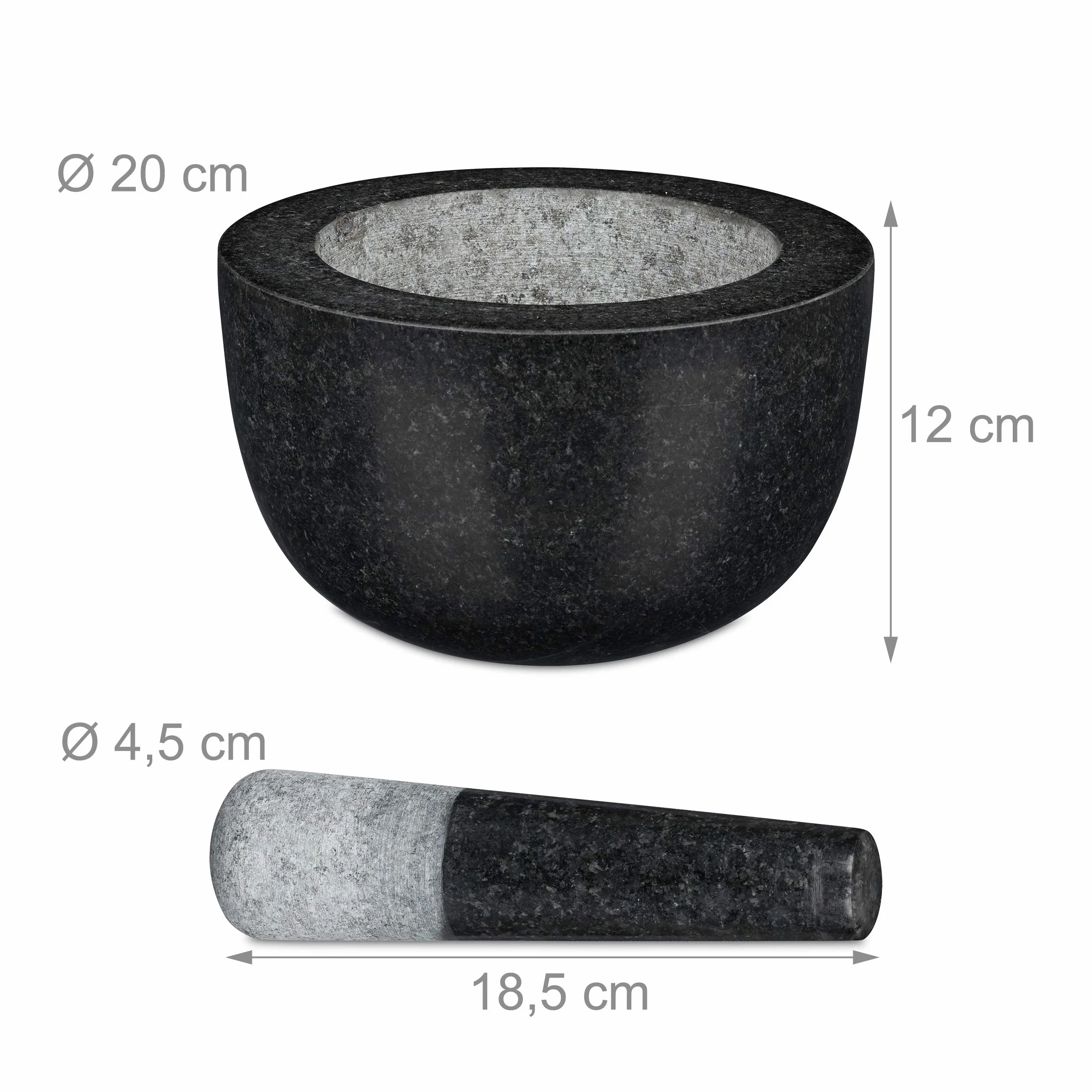 Relaxdays Moździerz z tłuczkiem, granit, polerowany, do przypraw i ziół, pojemność 750 ml, zaprawa kamienna D: 20 cm, ciemnoszary