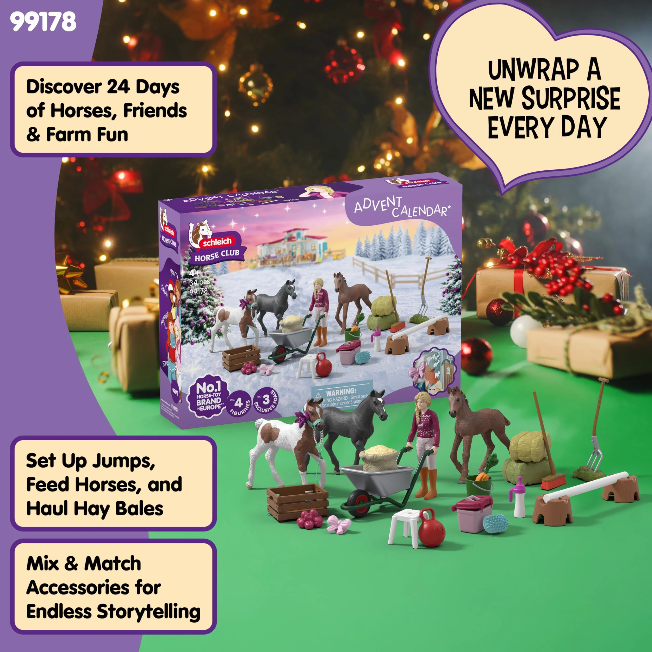 schleich HORSE CLUB | Kalendarz adwentowy HORSE CLUB 2025 – Cud Bożonarodzeniowy Wychów Źrebiąt 99178 | Z ruchomą figurką Sofii, 3 ekskluzywnymi źrebiętami | Prezent od 5 lat | 34 elementy