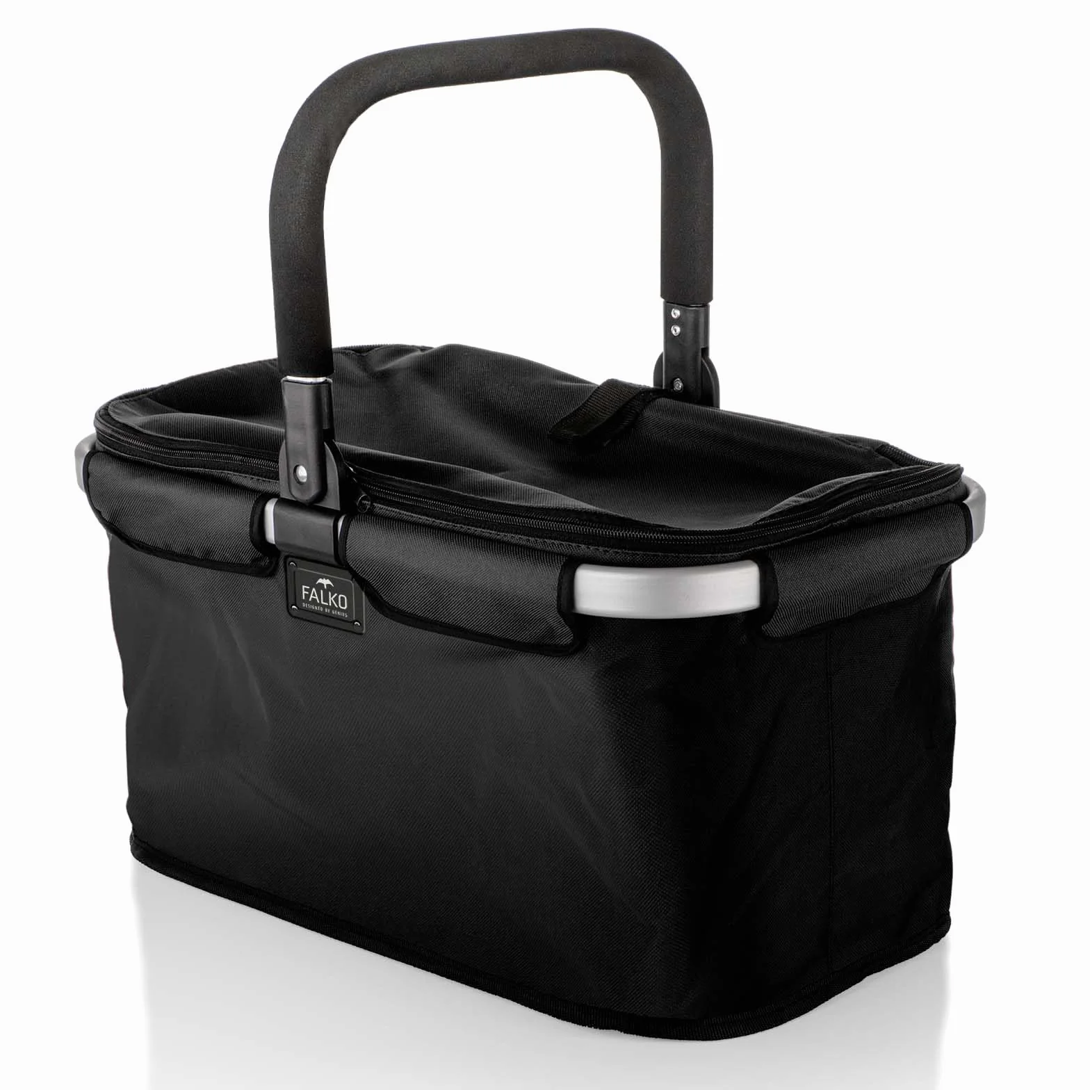 Genius A14360 Falko Premium koszyk na zakupy, 22 l, duży, składany, z pokrywką | kosz do noszenia w podróży z aluminiowym uchwytem, czarno-kolorowy