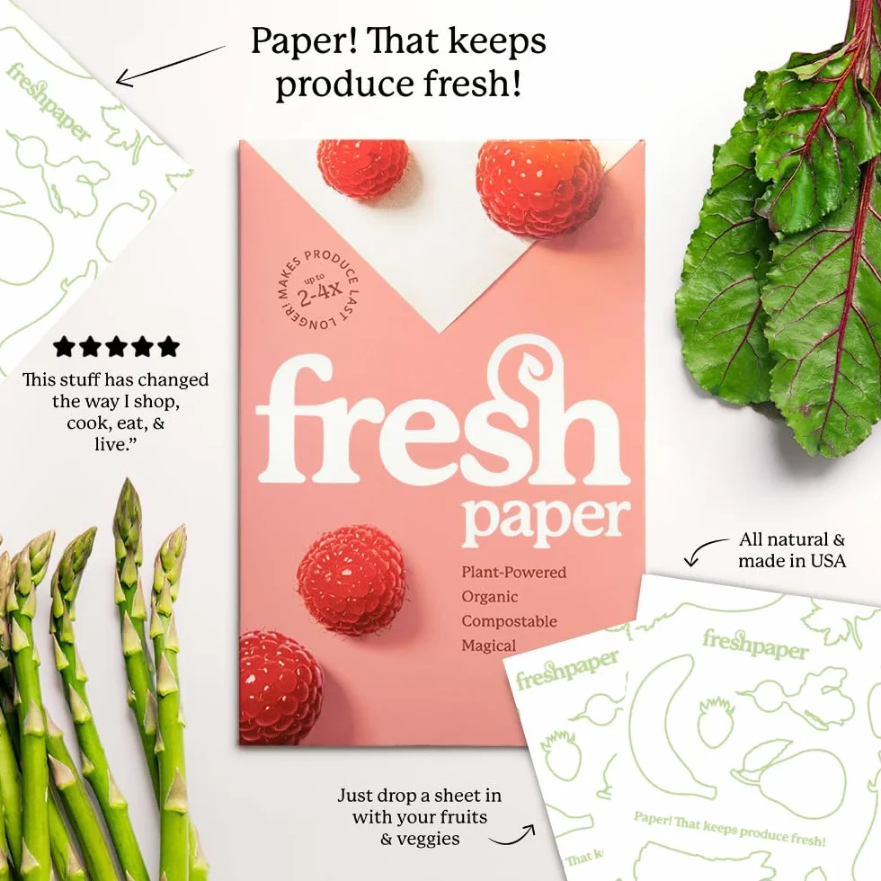 FRESHPAPER utrzymuje świeżość owoców i warzyw przez 2-4 x dłużej, 8 arkuszy wielokrotnego użytku do przechowywania żywności (1 opakowanie), wyprodukowano w USA przez The FRESHGLOW Co