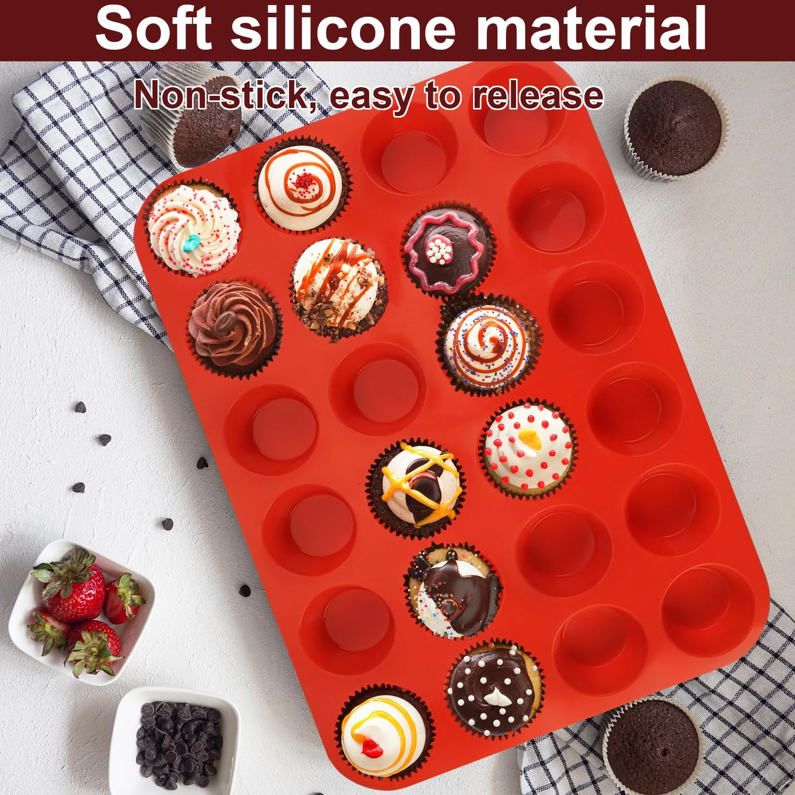 2 sztuki silikonowych mini foremek do muffinek, 24 filiżanki, blacha do muffinek, wielokrotnego użytku, okrągłe foremki do pieczenia muffinek, babeczek, babeczek, babeczek, babeczek, ciast, babeczek