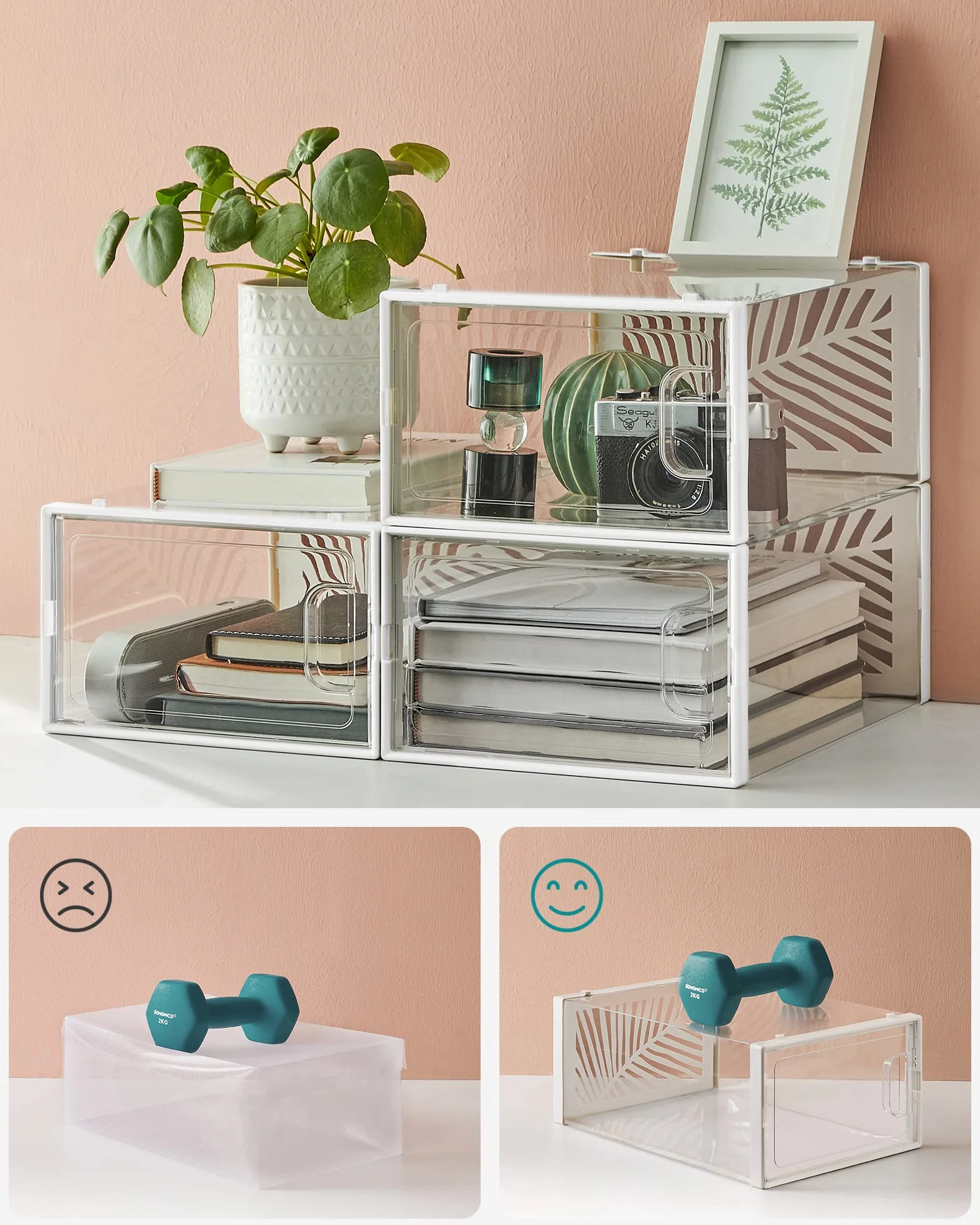 SONGMICS Organizer na Buty, Zestaw 12 Pudełek, Składany Transparentny Biały, LSP106W12