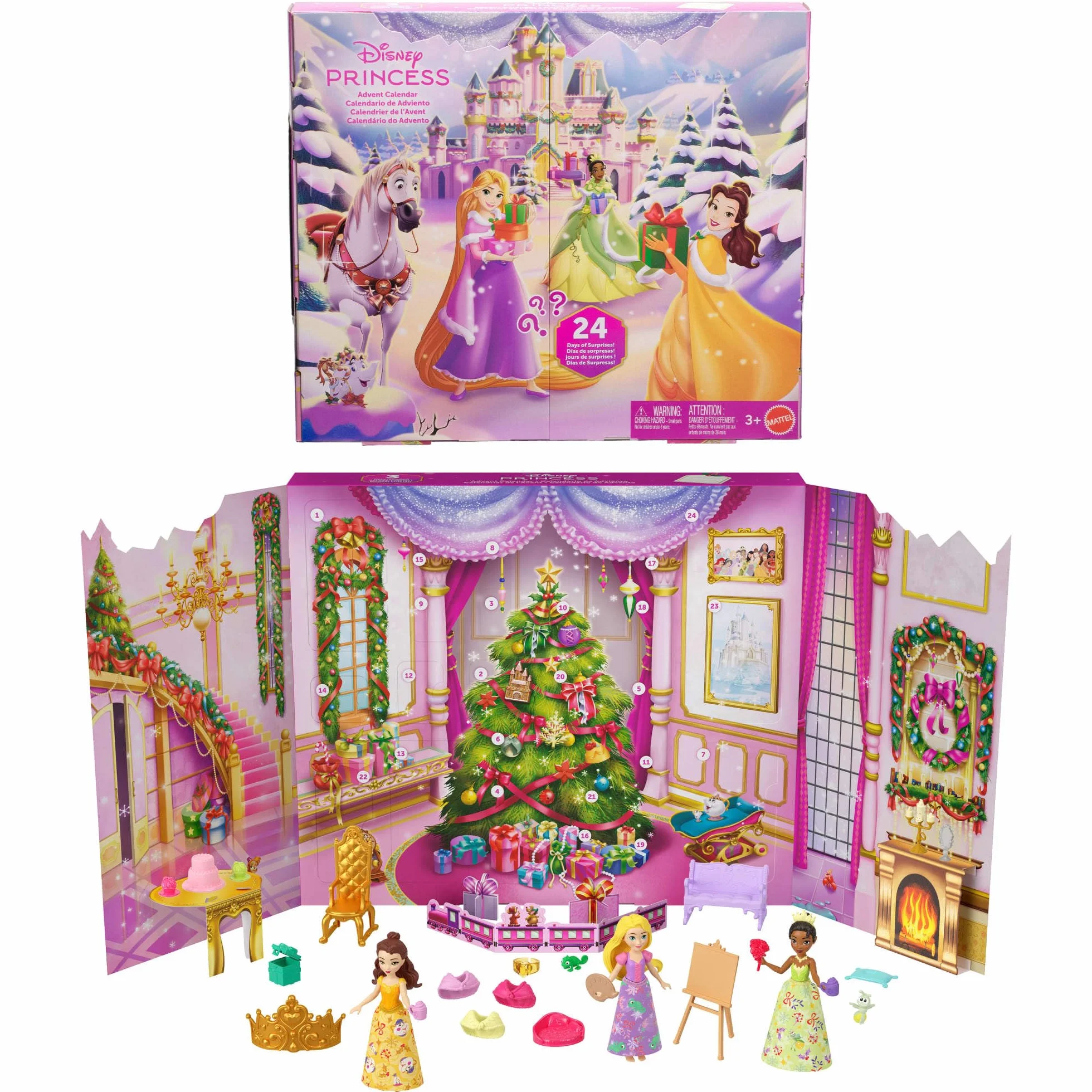 Mattel Disney Princess Kalendarz adwentowy 24 niespodzianek 3 lalki 3 figurki 22 akcesoria zestaw zabawek JFG79