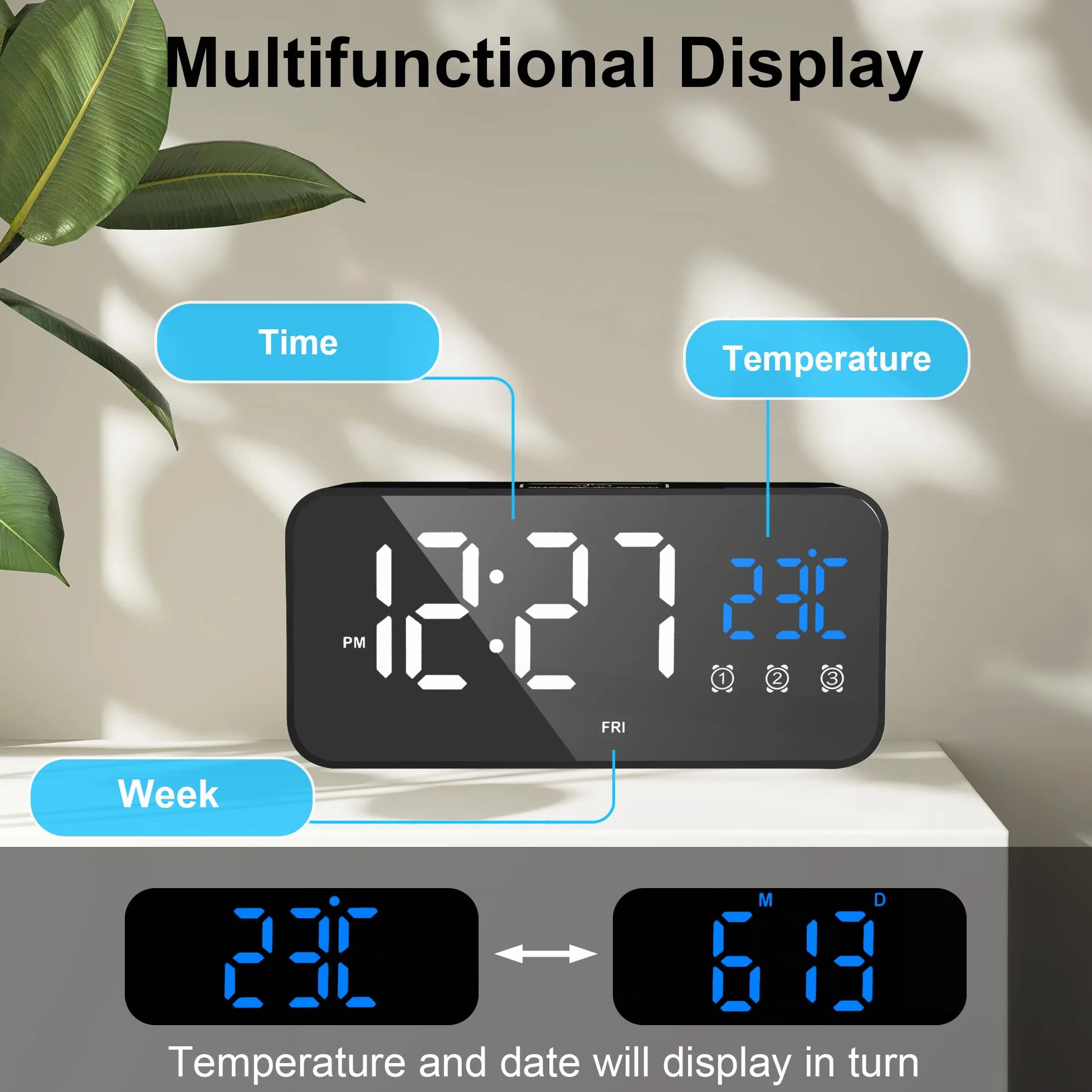 Lafocuse LED cyfrowy budzik z wyświetlaczem temperatury i datą, zegar stołowy z 25 melodiami, 2 portami ładowania USB, 3 alarmami i dniem tygodnia, cyfrowy zegar z funkcją drzemki, regulowana jasność