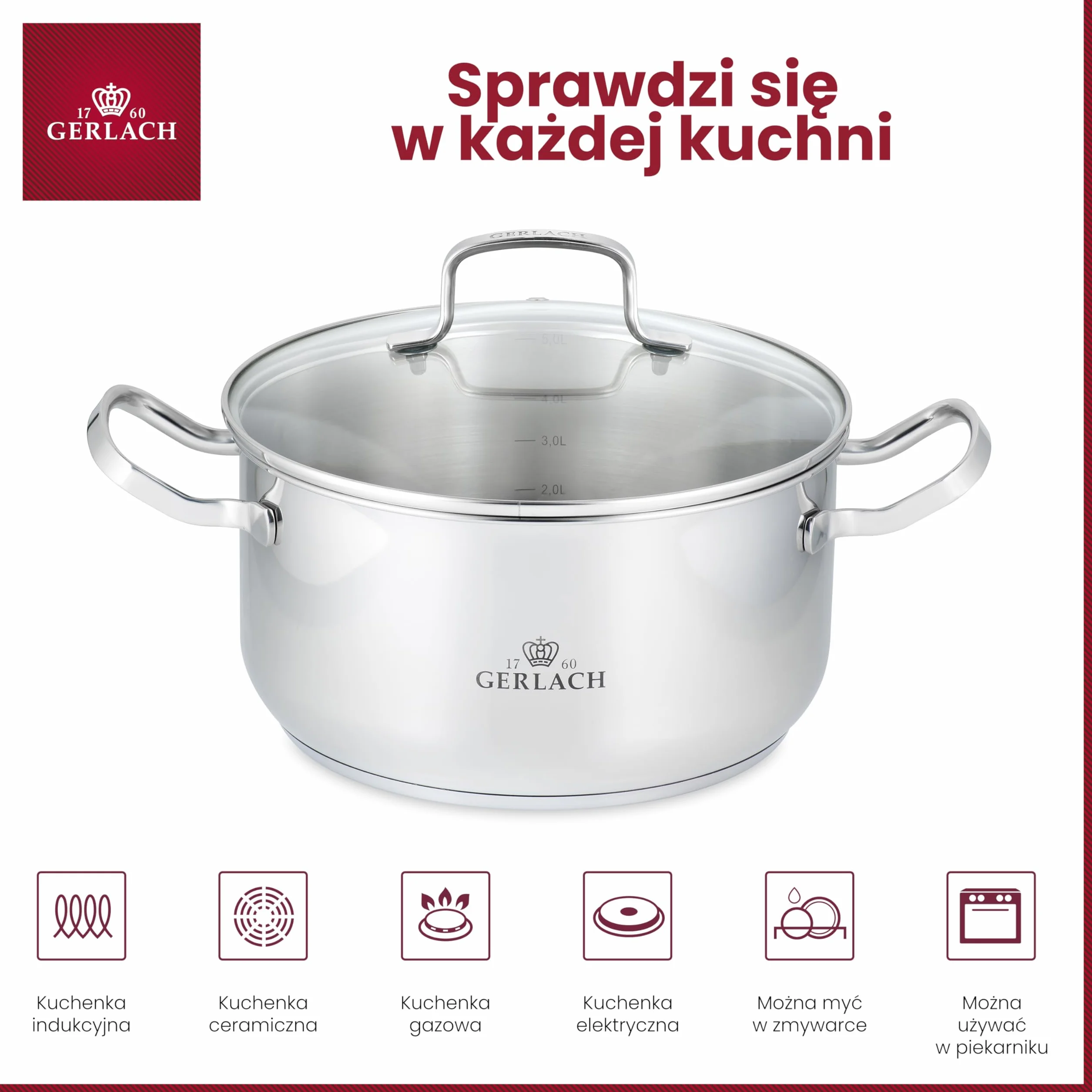 Gerlach Simple Garnek Indukcja Stal Nierdzewna Trójwarstwowe Dno Do Kuchenki Gazowej Elektrycznej Ceramicznej Piekarnika 4,5 l