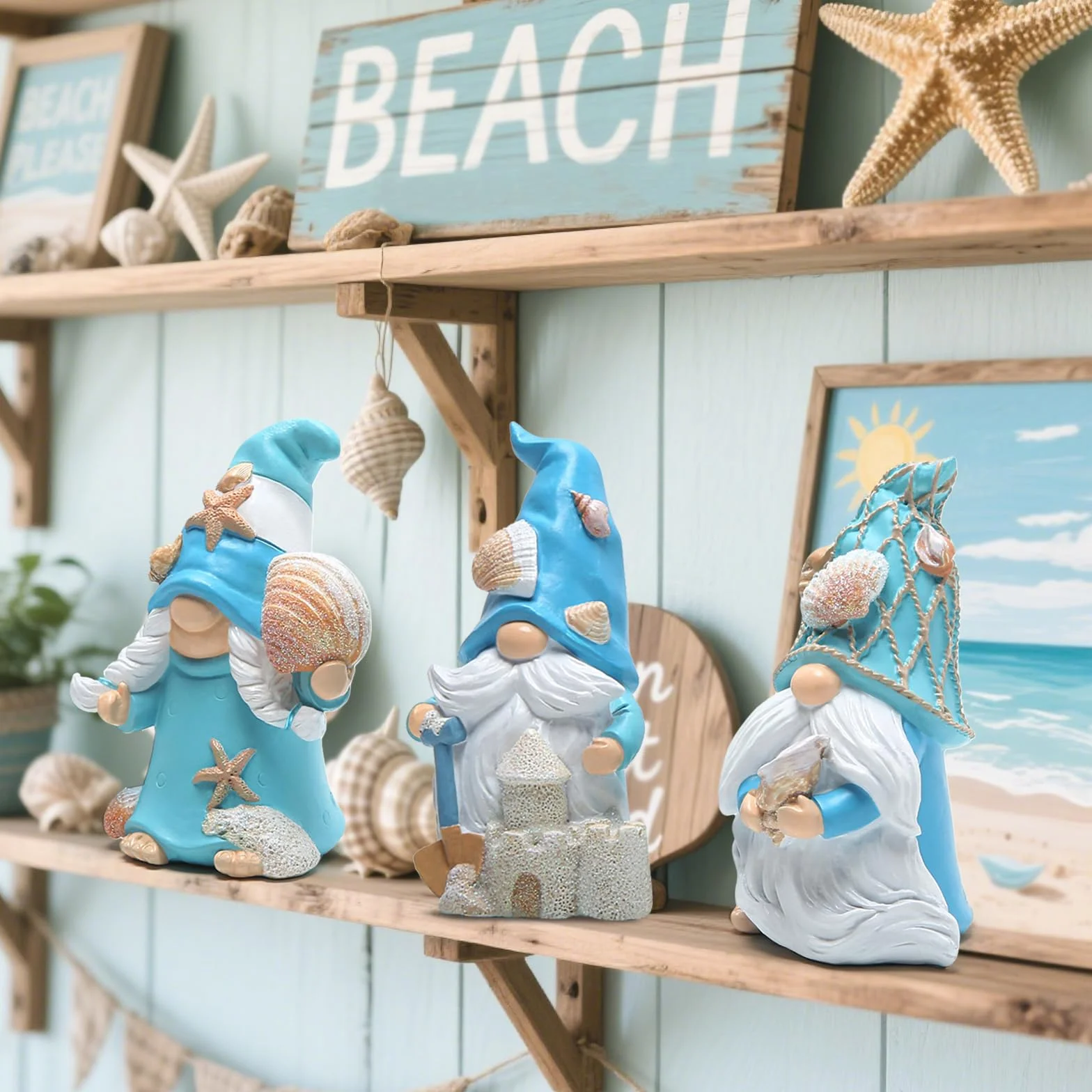 Hodao 3 szt. letnich krasnali dekoracji, morska gwiazda muszla krasnal ręcznie robiony do dekoracji plaży, szwedzki, skandynawski, elf, letnie dekoracje, ozdoby do domu