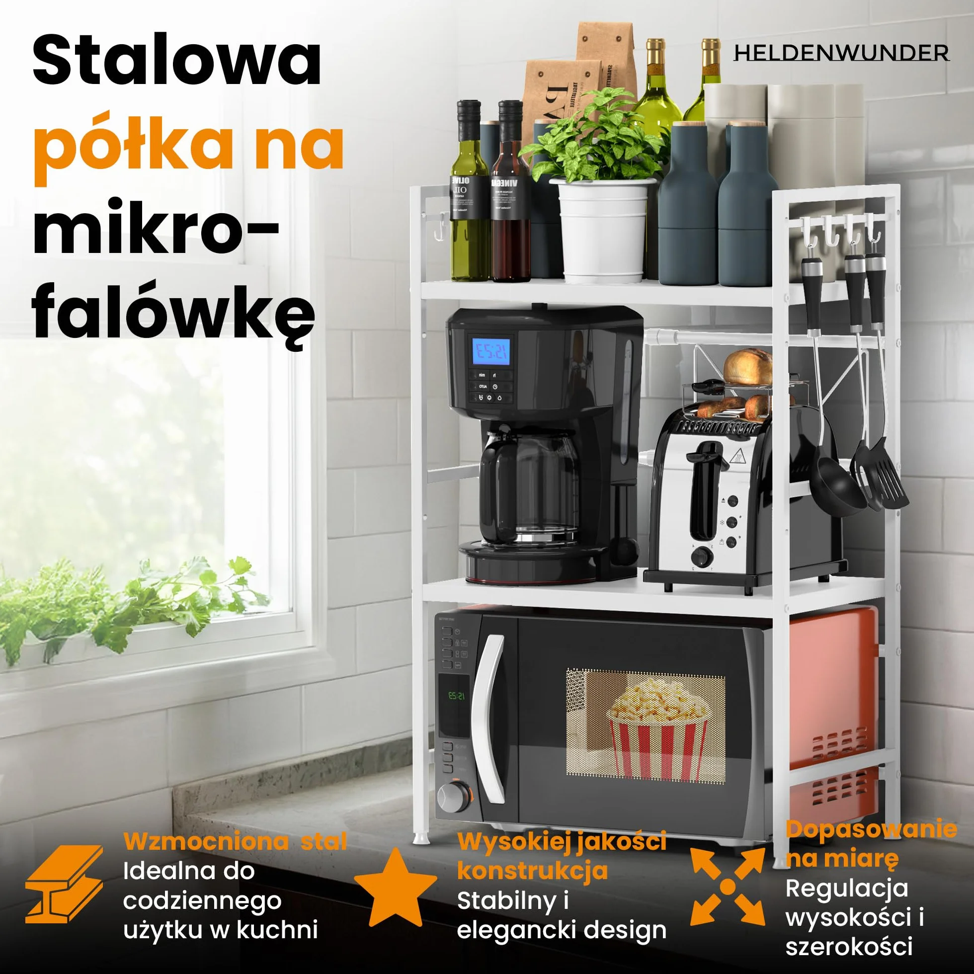 Heldenwunder Regał Mikrofala Regał Kuchenny stojący Stalowy (3-poziomowy) | Regał do Przechowywania Regał Piekarski z regulacją wysokości i długości + instrukcja wideo, haki – Biały