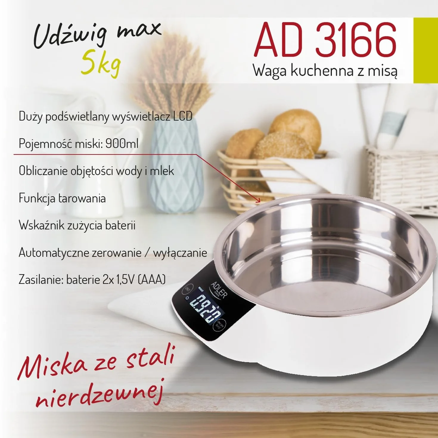 ADLER EUROPE 3166 Waga kuchenna z misą