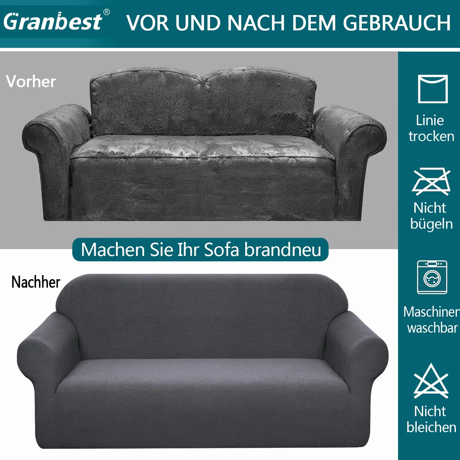 Granbest Elastyczny pokrowiec na sofę, pokrowiec na kanapę, wodoodporny, 1 sztuka, spandex, żakard, z antypoślizgową pianką (wariant 3-osobowy, szary)