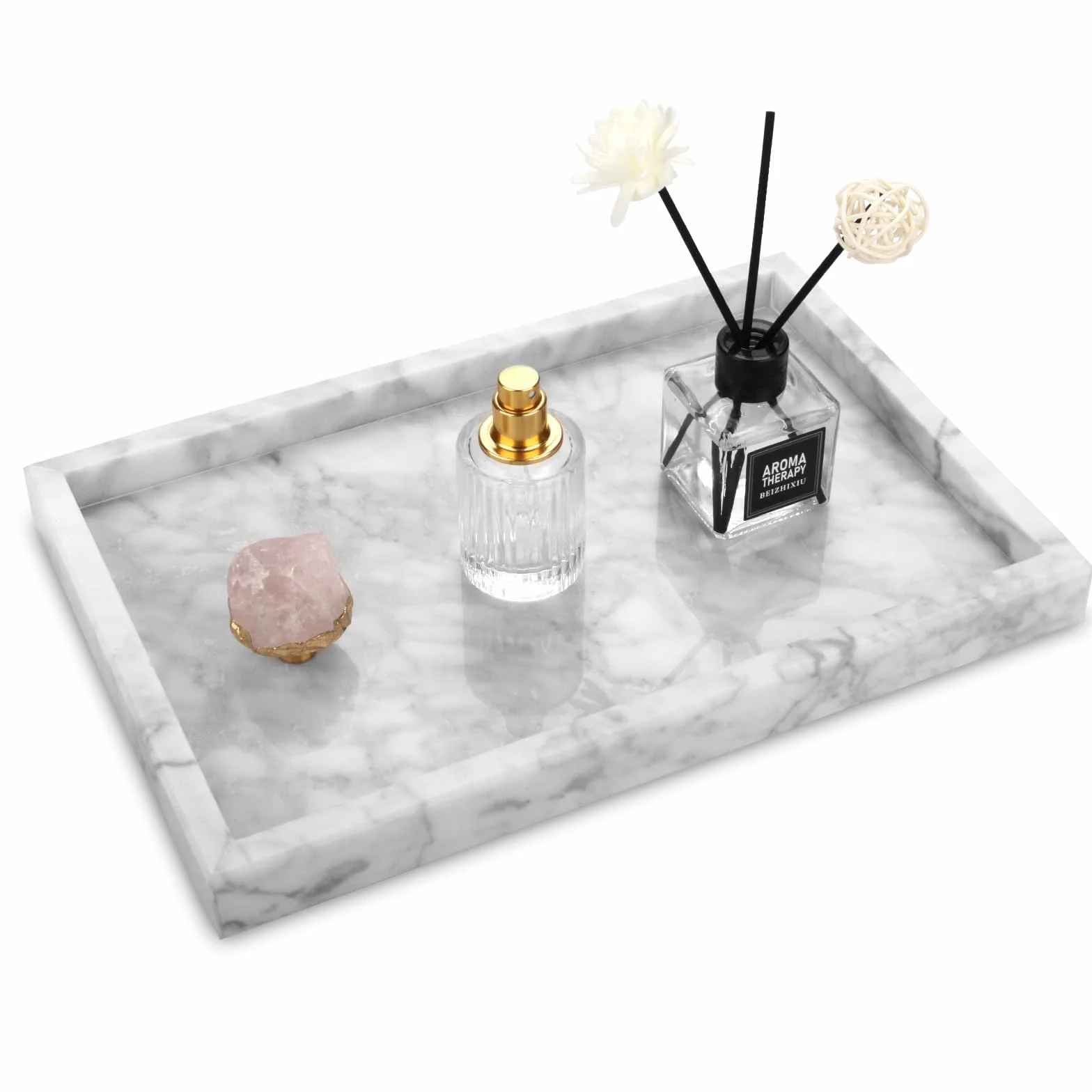 Taca do przechowywania łazienki naturalny marmur kieszenie uniwersalne wejście taca do łóżka dekoracja taca salon kuchnia perfumy ręcznik roślinny świece (Carrara biały, 30 x 20 x 3 cm)