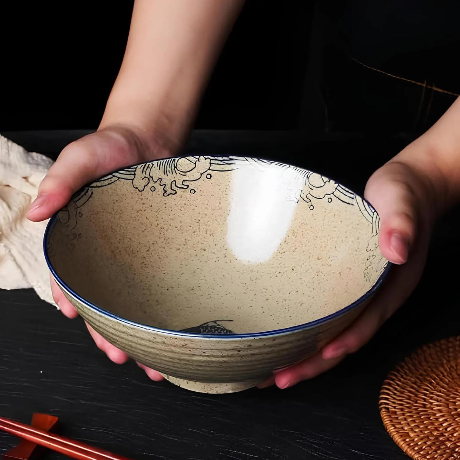 2 zestawy ceramiczna miska na ramen 1200 ml, zestaw misek ramenowych 1200 ml, duża japońska miska na zupę z makaronem, z pałeczkami i łyżką, do zupy ramenowej, makaronu, Macedonii, ryżu