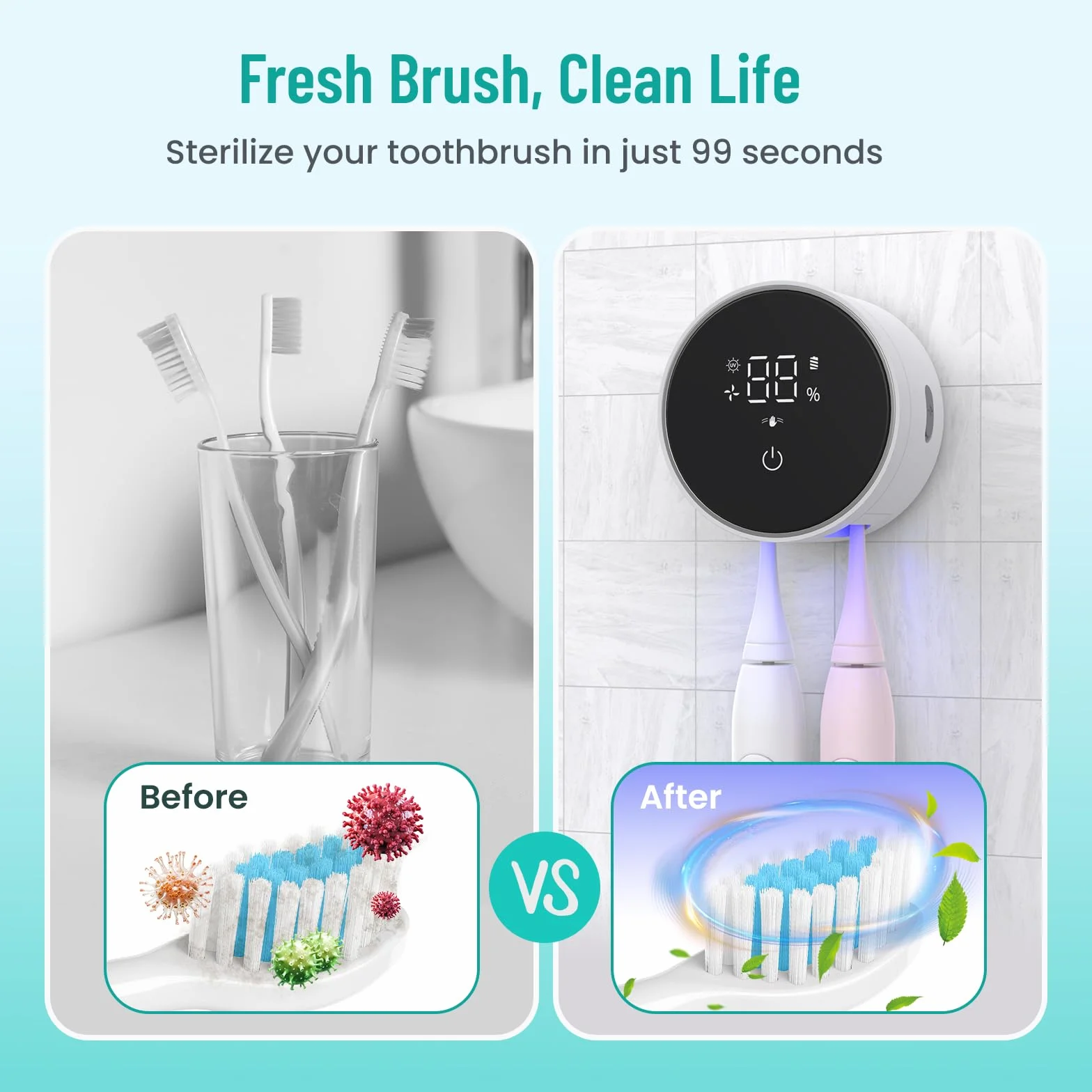 LifeBasis Sterylizator szczoteczek do zębów UV z wyświetlaczem LED do sterylizacji UV i suszenia w stałej temperaturze Elektryczne szczoteczki do zębów, montowane na ścianie, akumulatorowe