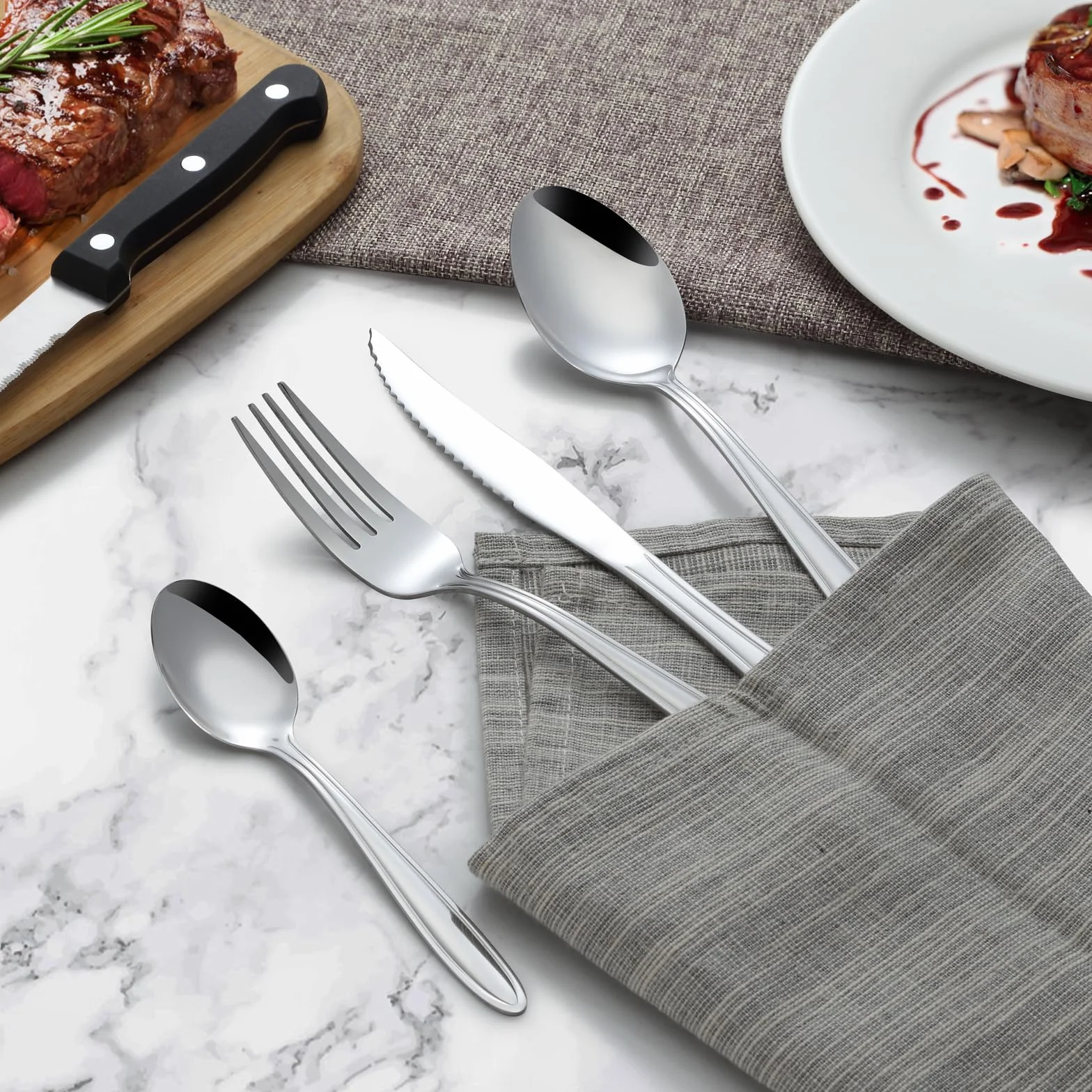 Hunnycook Zestaw sztućców dla 12 osób z nożem do steków, wysokiej jakości stal nierdzewna, 72 sztuki, elegancki zestaw sztućców z nożem, widelcem, łyżką, do domu/restauracji/na imprezę, nadaje się do