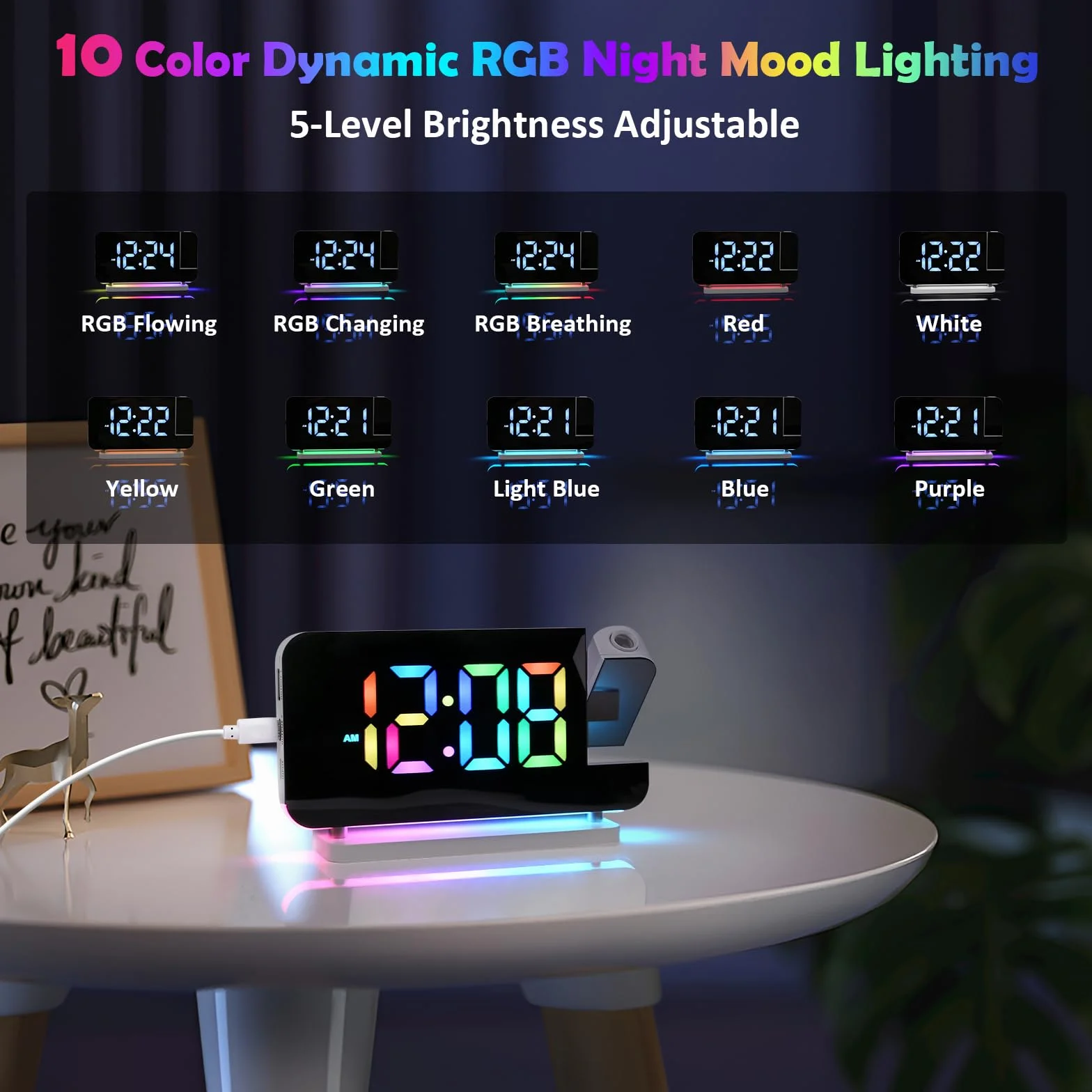 Euakee Budzik Projekcyjny 7,4 Cala LED Zegar Lustrzany 10 Kolorów Światło Nocne Projektor Obrotowy 180° USB-C