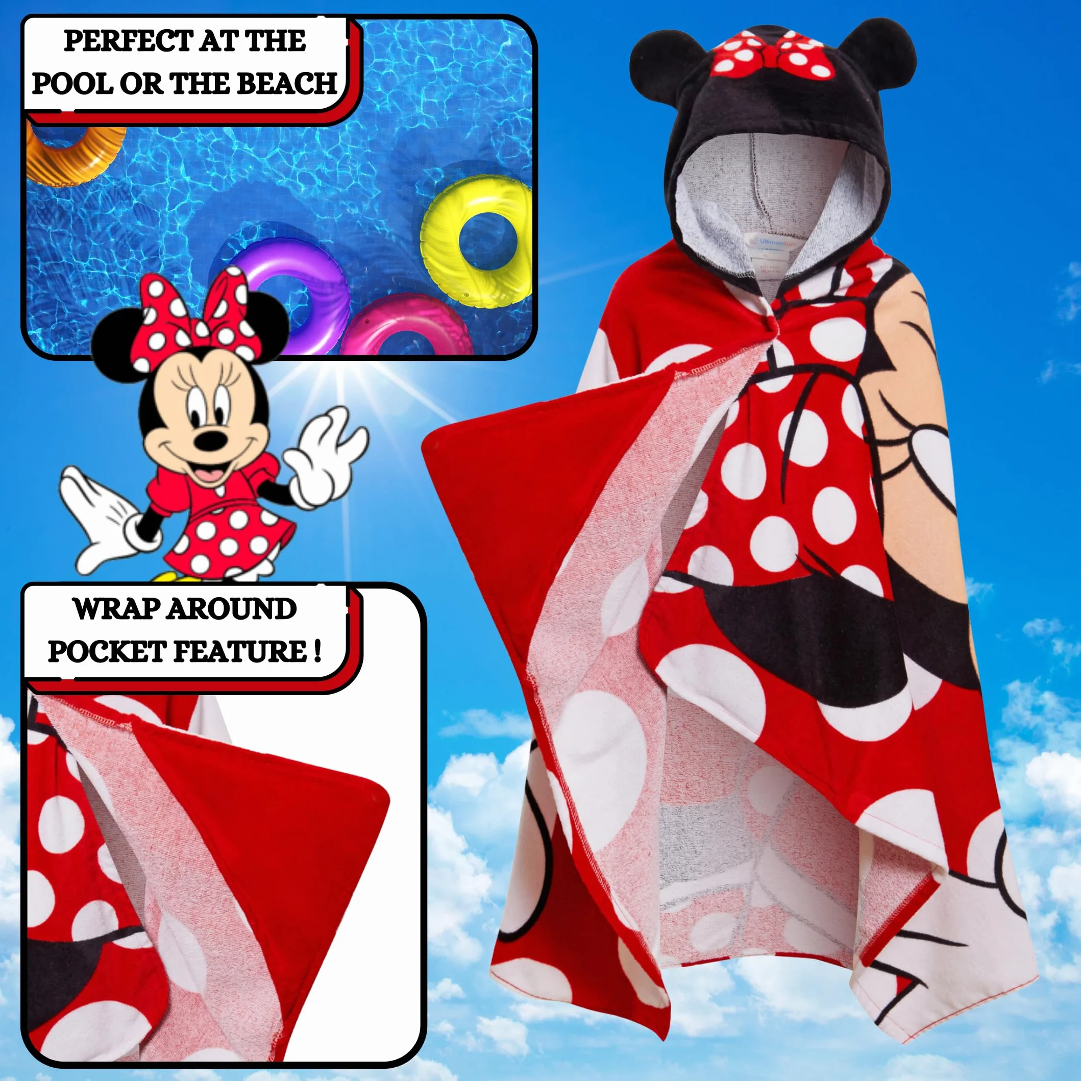 Disney Myszka Minnie ręcznik z kapturem 100% bawełna ponczo plażowy kąpielowy dla dzieci