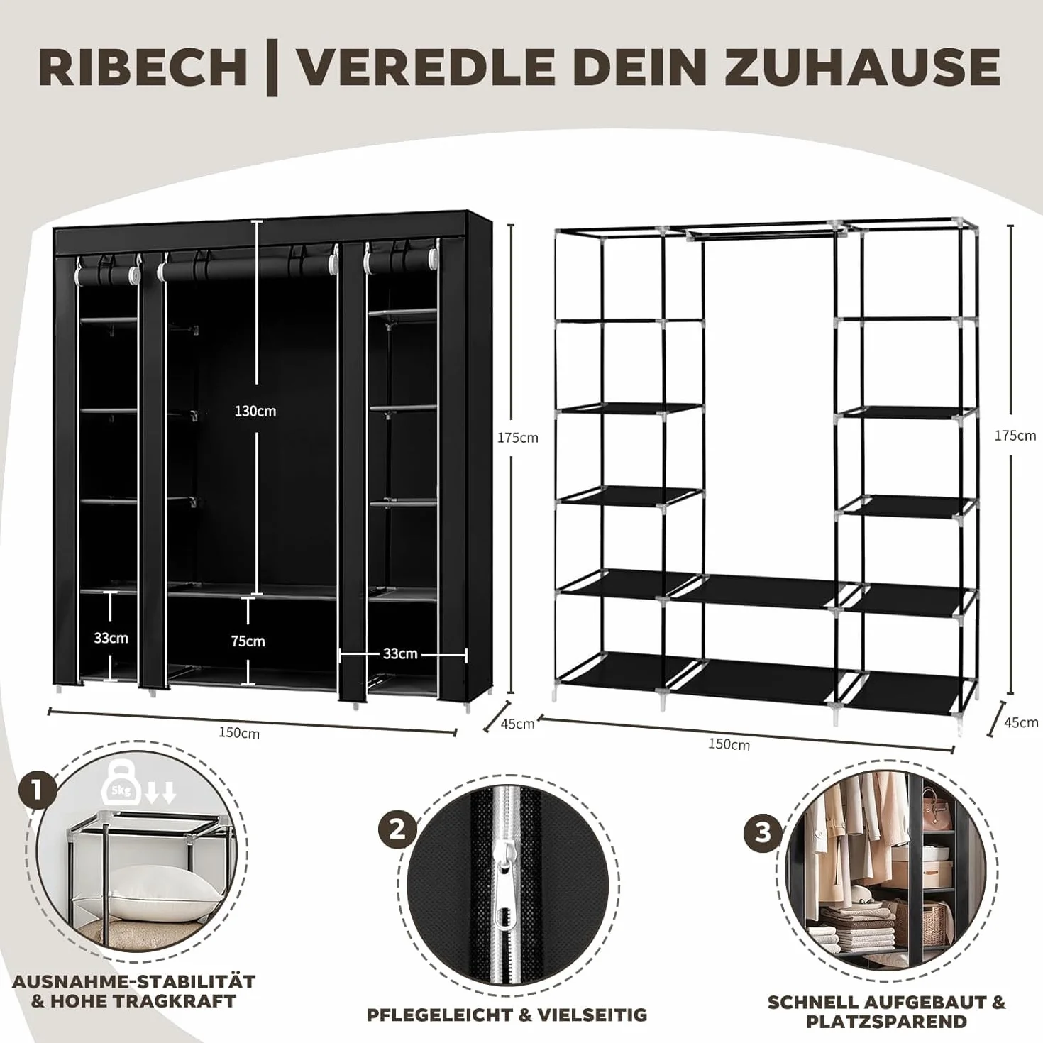 Szafa na ubrania z materiału, 45 x 150 x 175 cm, metalowa rama z ochroną przed kurzem z włókniny, drążek na ubrania, czarna, system przechowywania w sypialni