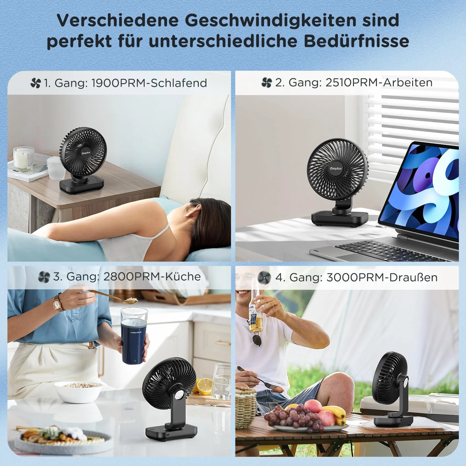 EasyAcc Wentylator stołowy Bateria Wentylator USB 4000 Bateria Małe przenośne 4-biegowe wentylatory Cichy mini akumulatorowy wentylator bazowy do domowego biura Biblioteka Kemping