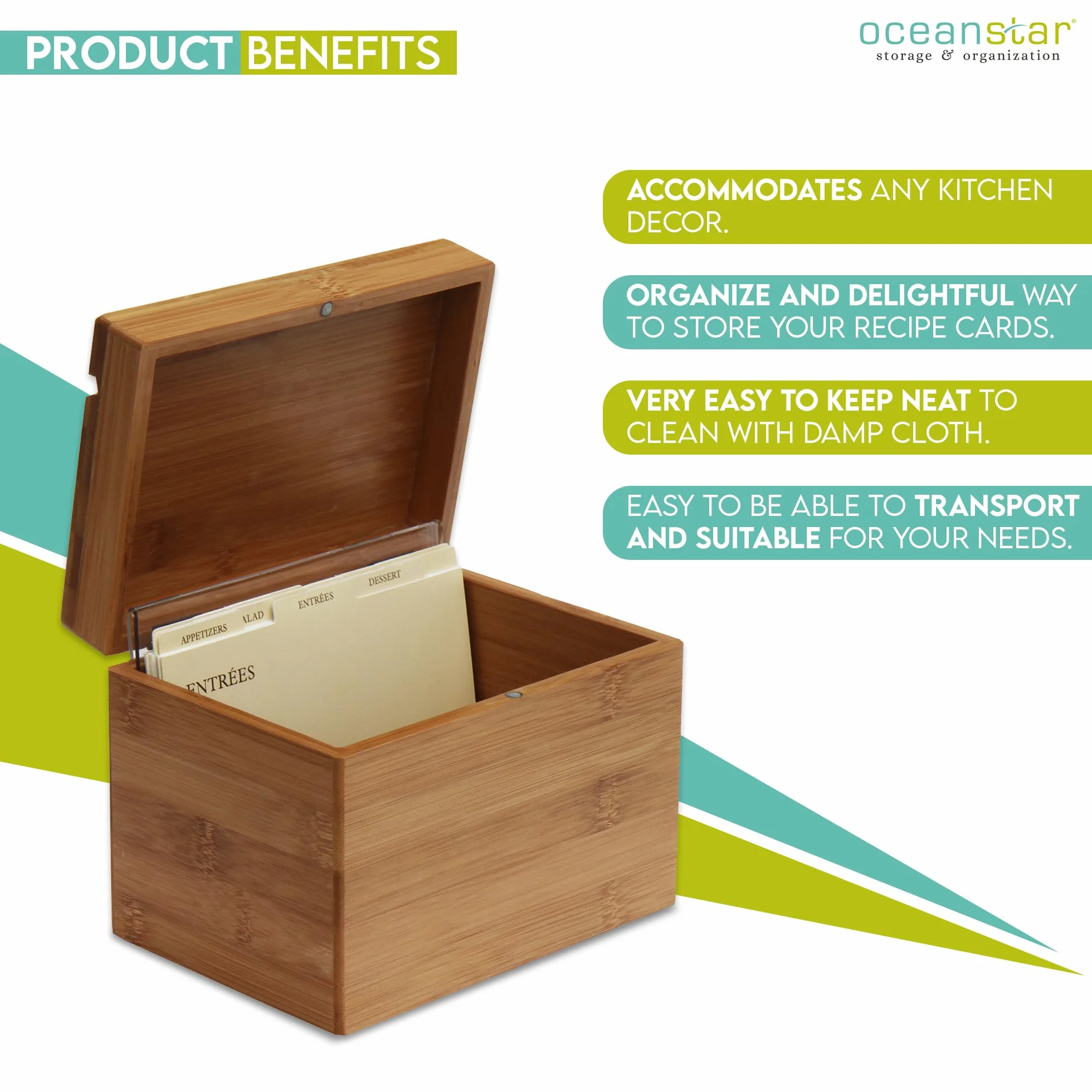Oceanstar Bamboo Recipe Box with Divider, Natural