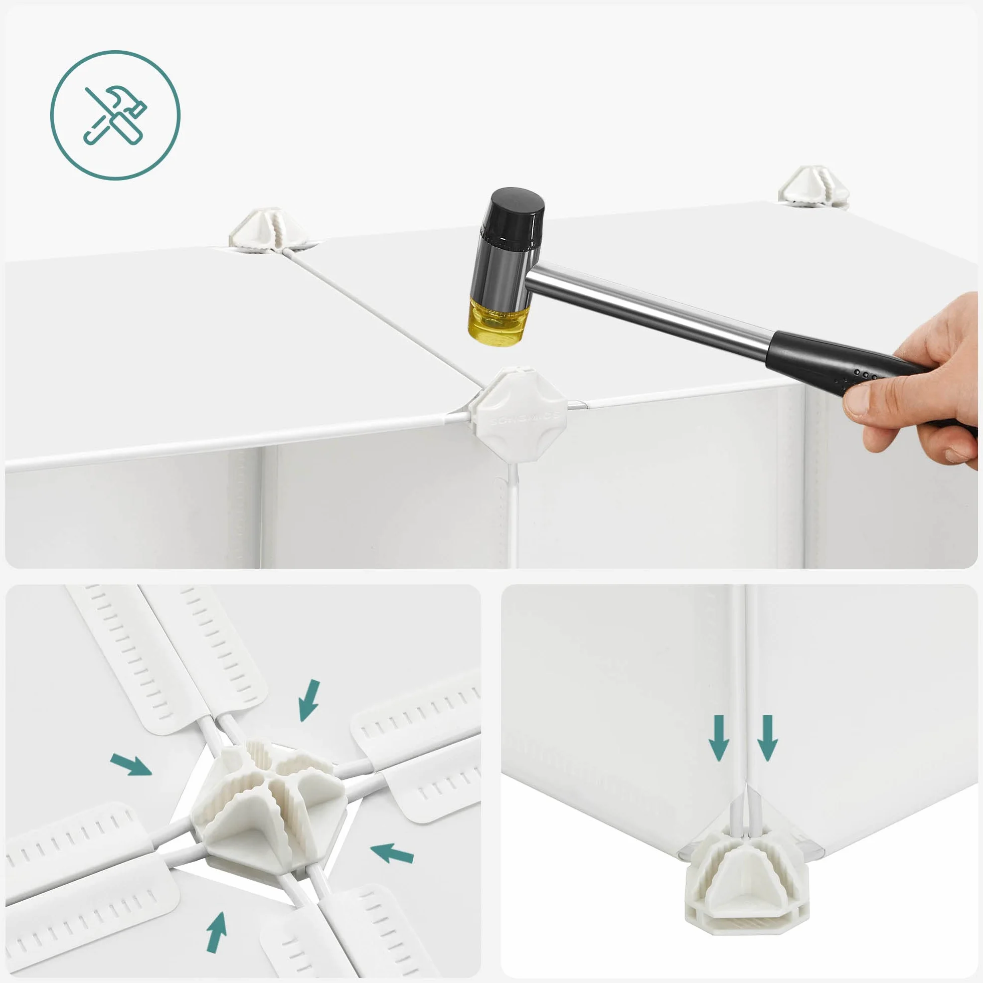 SONGMICS LPC906W01 System regałowy z 16 kostkami, szafa do przechowywania dla dzieci, szafa na ubrania i buty z drzwiami, z tworzywa sztucznego, regał wtykowy, uniwersalny, 123 x 31 x 123 cm, biały