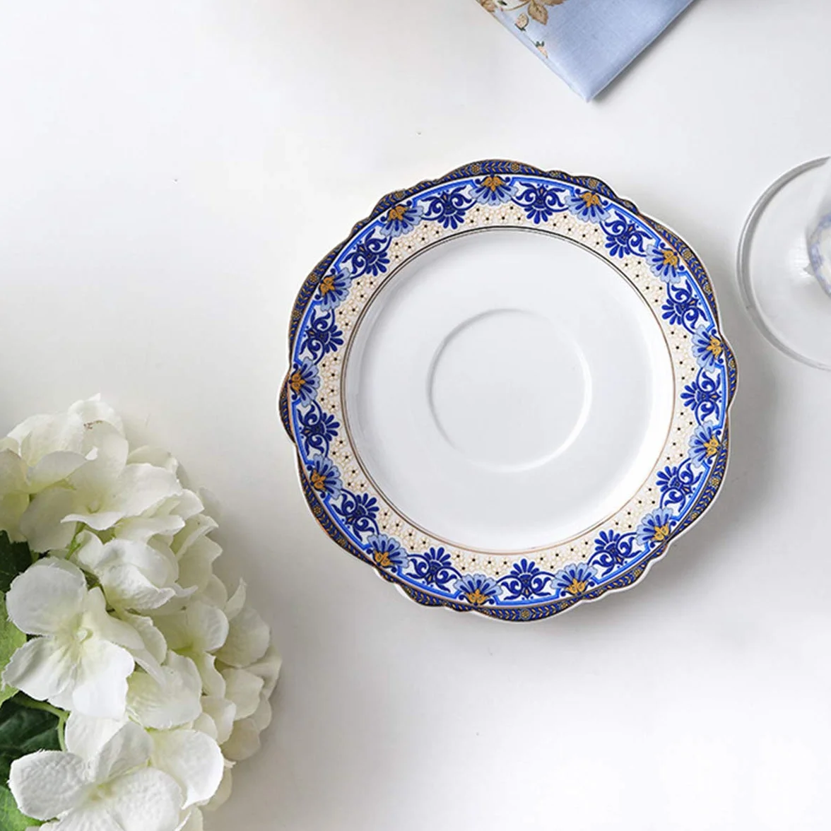 fanquare Filiżanka i spodek z chińskiej porcelany z motywem niebieskich kwiatów, vintage, porcelanowa filiżanka do kawy, 200 ml