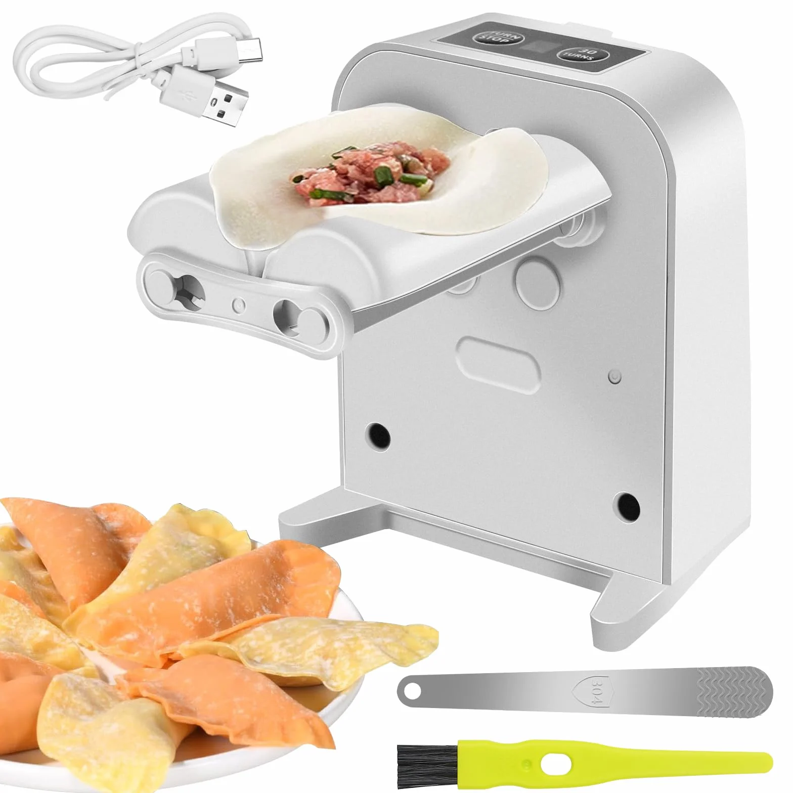 Automatyczna maszyna do pierogów, elektryczna maszynka do pierogów z łyżeczką i szczotką, ładowanie przez USB, 2 tryby pracy, do domu, kuchni, restauracji