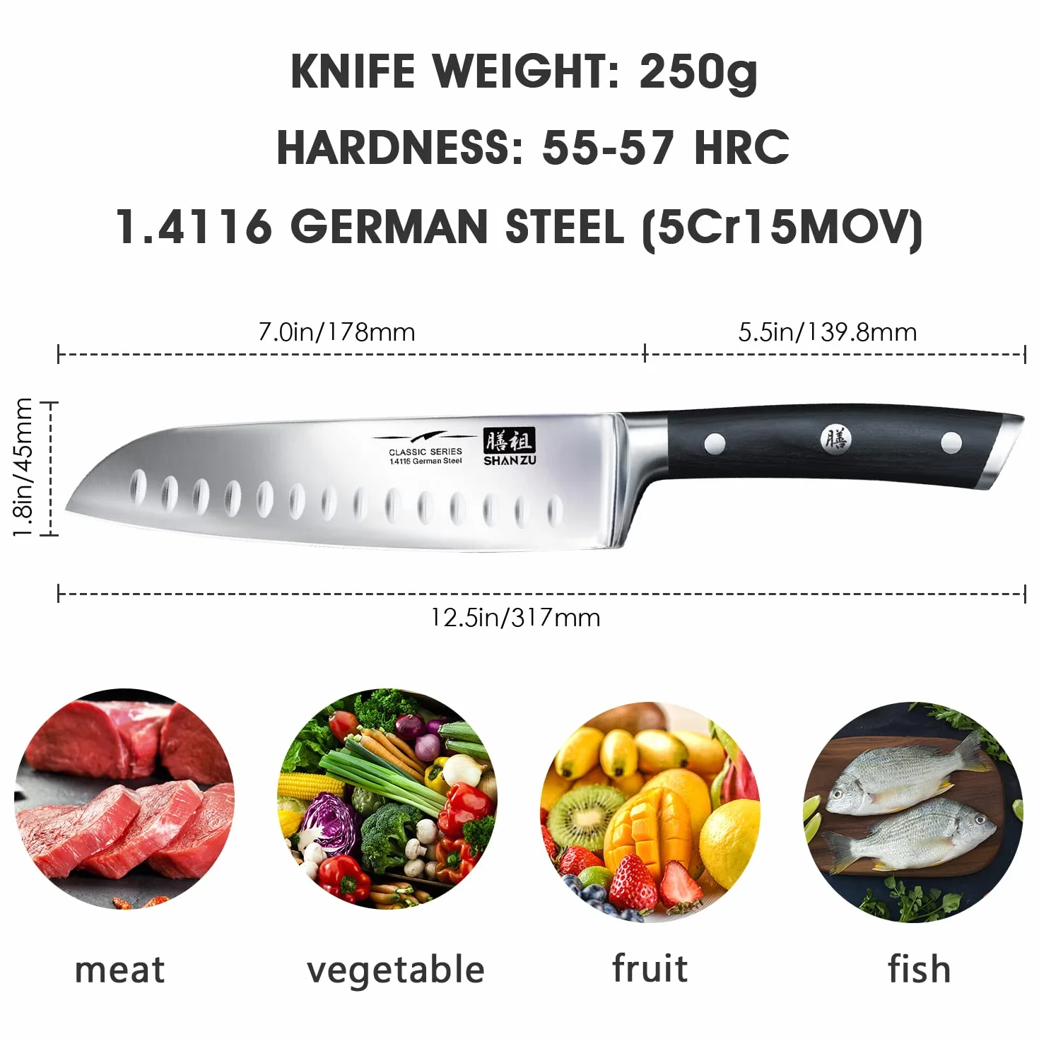 SHAN ZU nóż Santoku 18 cm niemieckie noże ze stali nierdzewnej o wysokiej zawartości węgla - seria klasyczna…