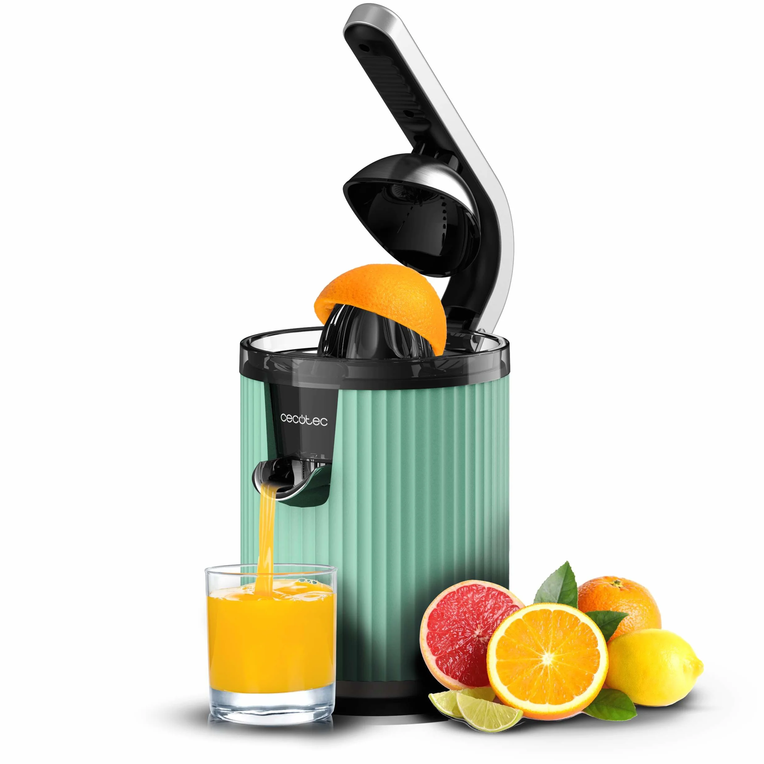 Cecotec Elektryczna sokowirówka na ramię do pomarańczy i cytrusów Xqueeze RetroJuice 600 Green. 600W, Retro Style, Filtr ze stali nierdzewnej, Plastikowy stożek dźwigniowy do ekstrakcji miazgi,