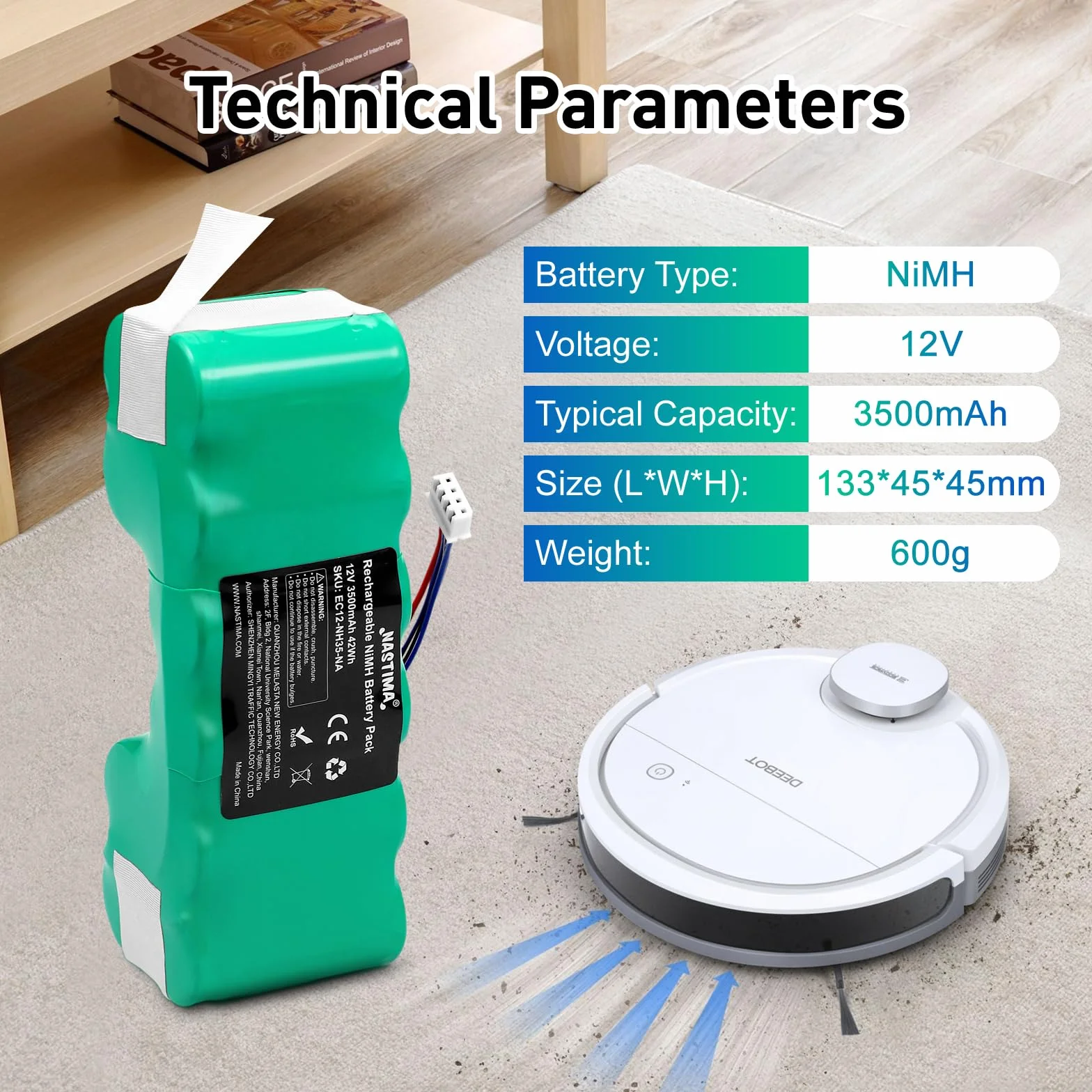 NASTIMA Akumulator 12 V 3500 mAh Ni-MH kompatybilny z Ecovacs Deebot 900, 700, 600, M88, DE33, DE35, DE35G, DE53, DE55, DN33, DN36, DN39, DN55, DD3G, DD4G, DD33, Deebot Ozmo 600 600 01 61 0 700 902
