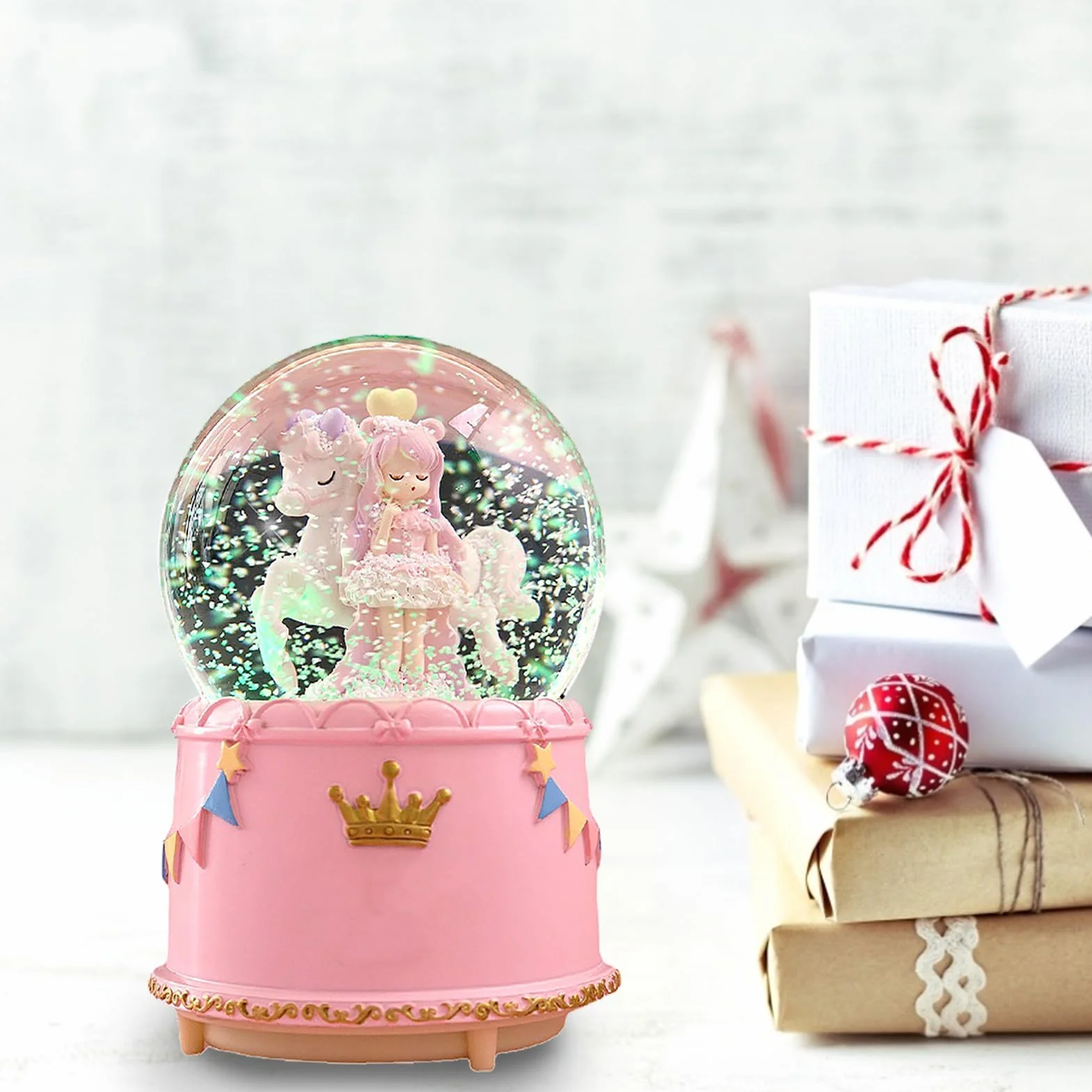 SEAFRONT Cartoon Look Snow Globe Crystal Ball Box z Mechanizmem Muzycznym dla Kobiet Przezroczysty Kryształowy Ornament