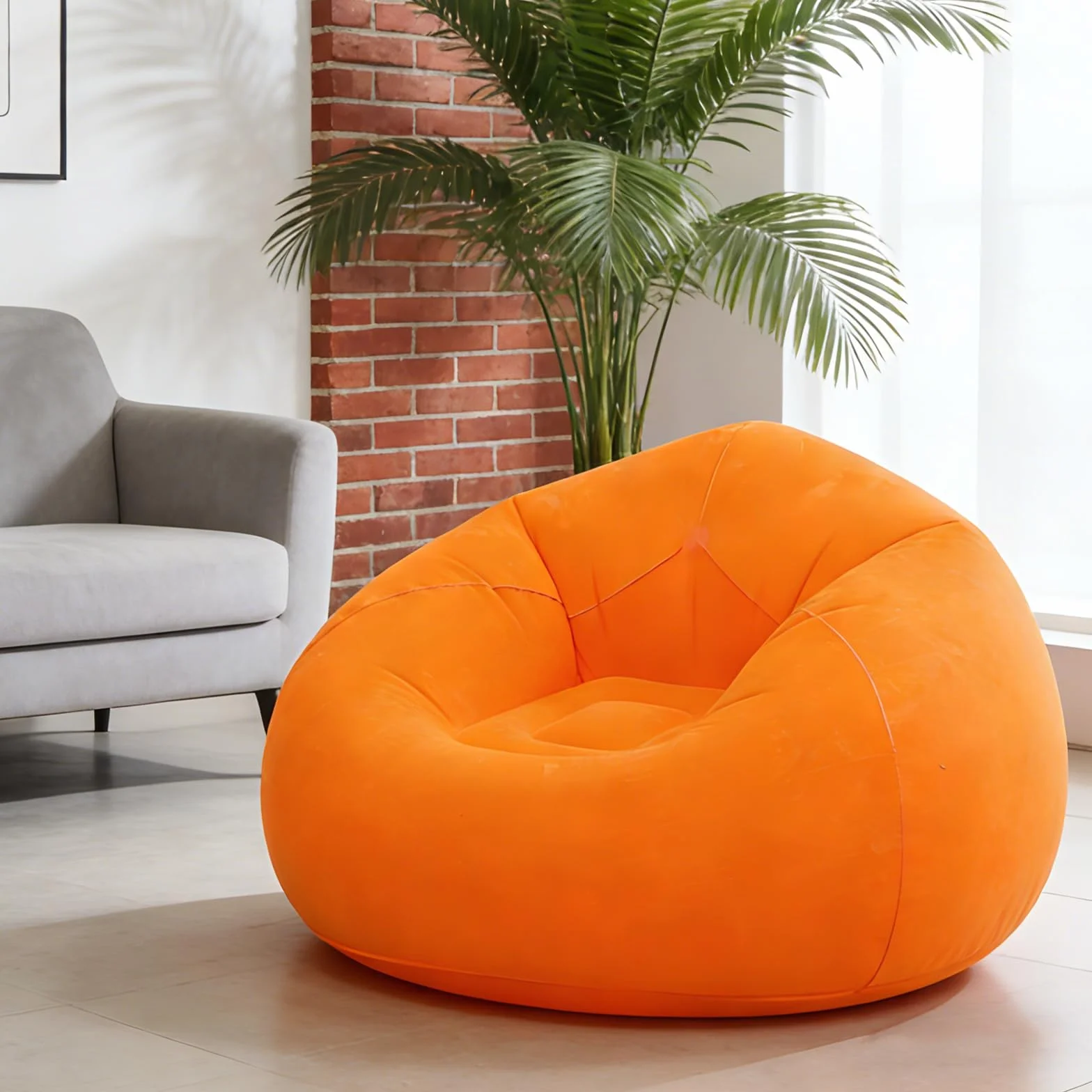 FARYODI Sofa dmuchana, nadmuchiwana kanapa, 105 x 105 x 60 cm, bardzo miękki fotel, bez wypełnienia ziarnami, szybko nadmuchiwany i przenośny, do salonu, ogrodu, na kemping (pomarańczowa)